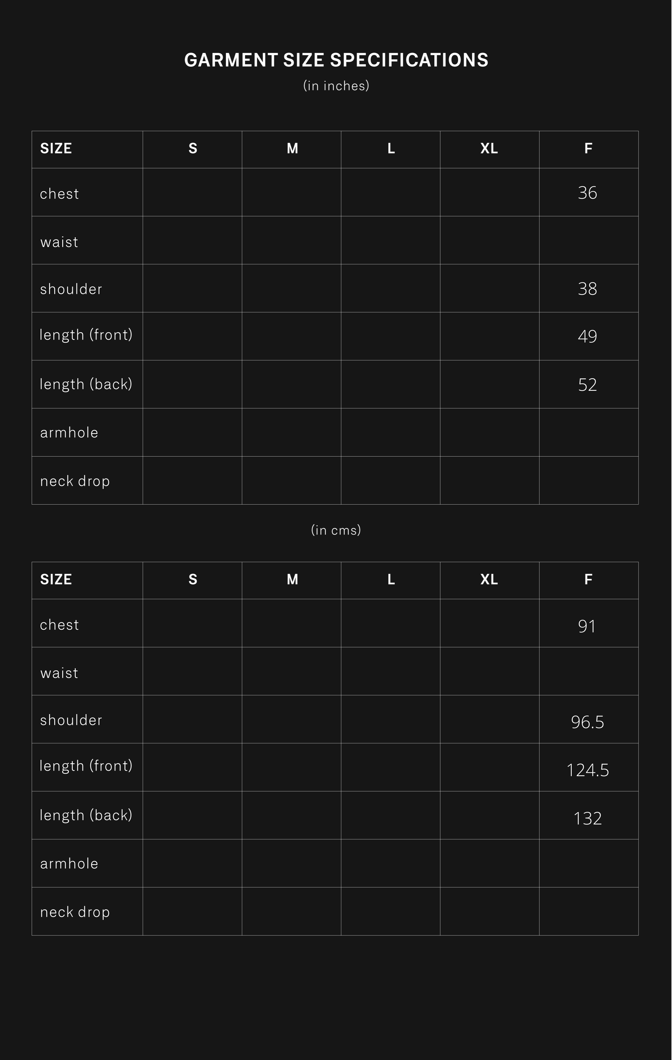 product size chart