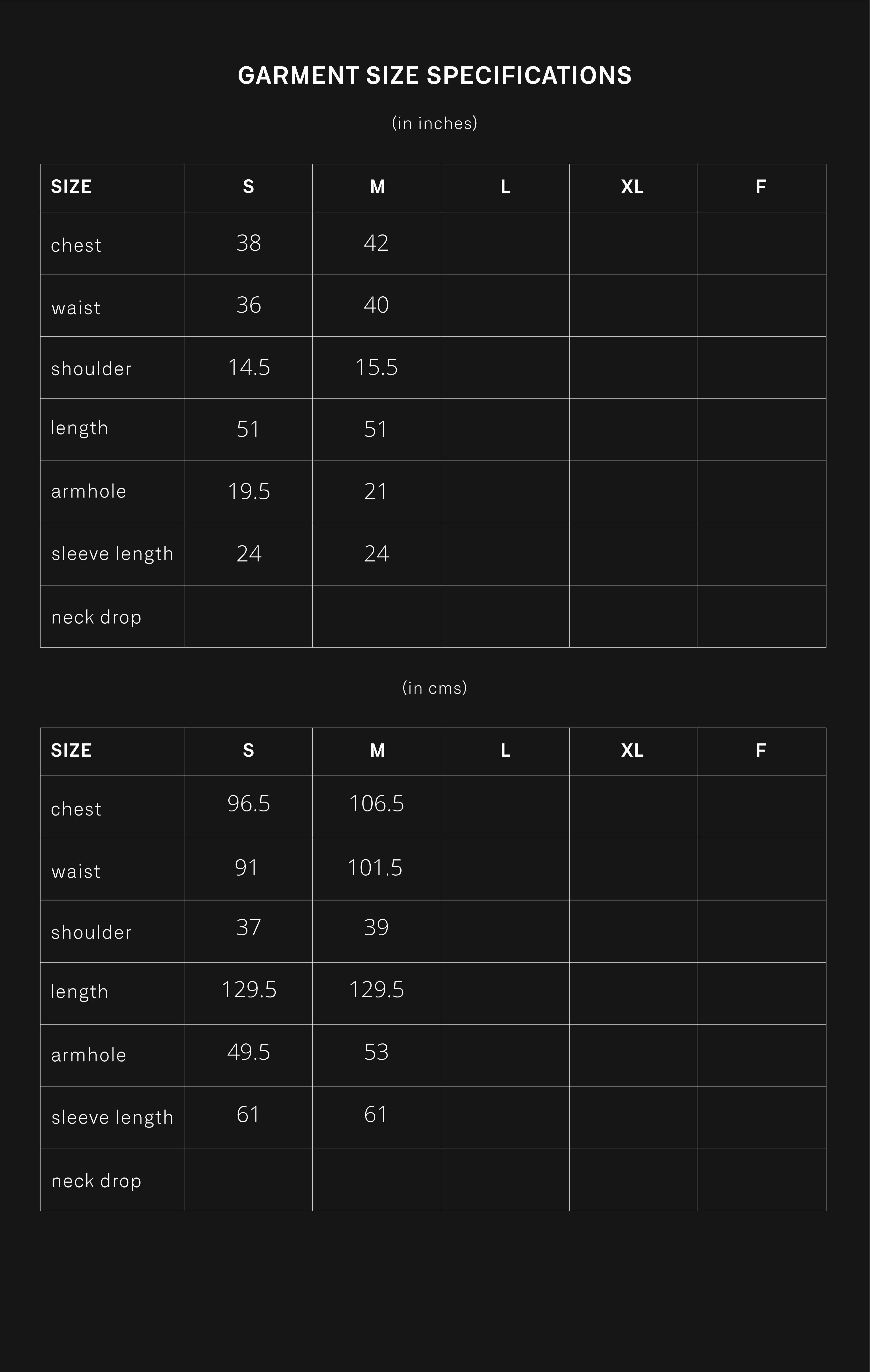 product size chart