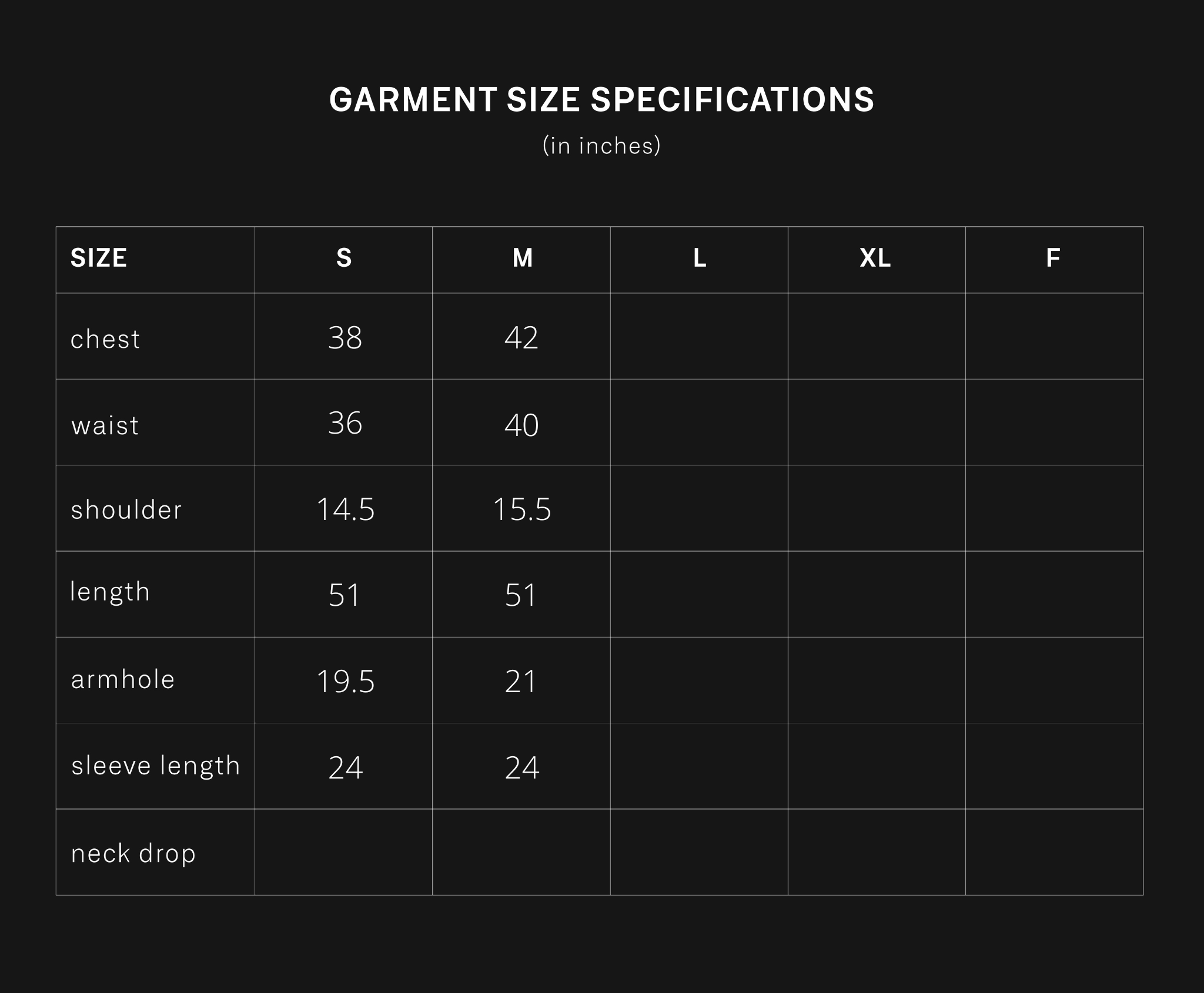 product size chart