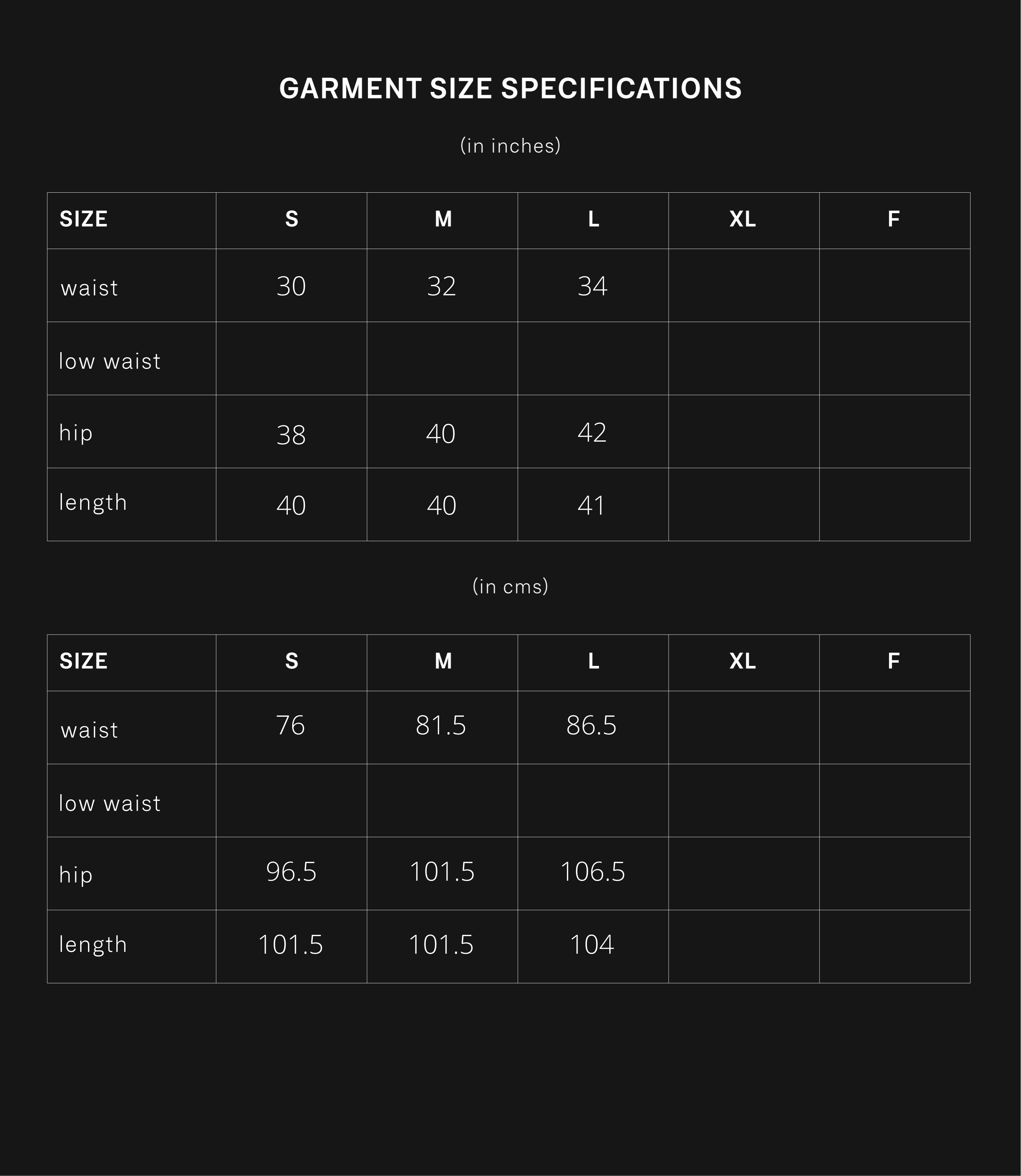 product size chart