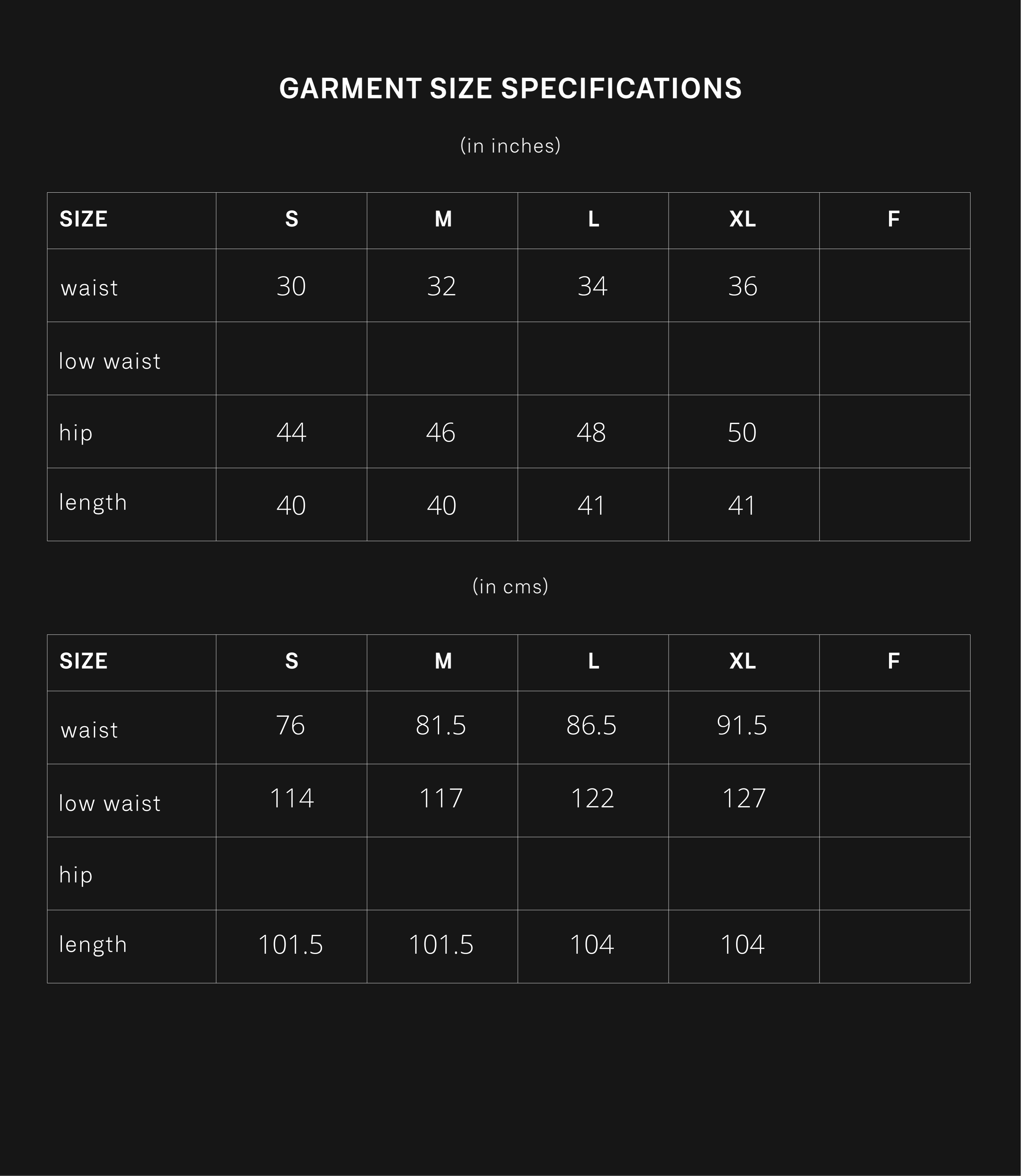 product size chart