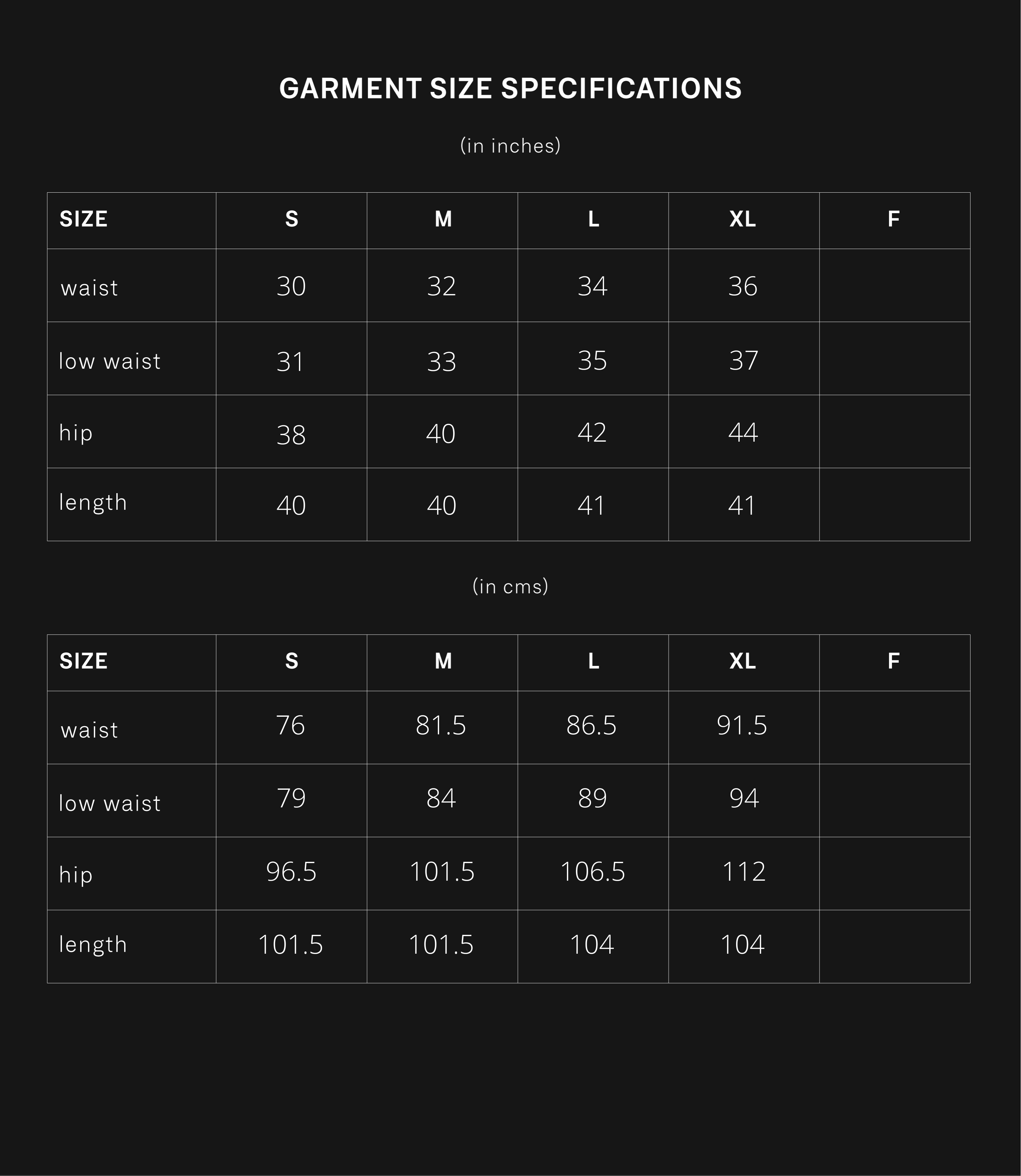 product size chart