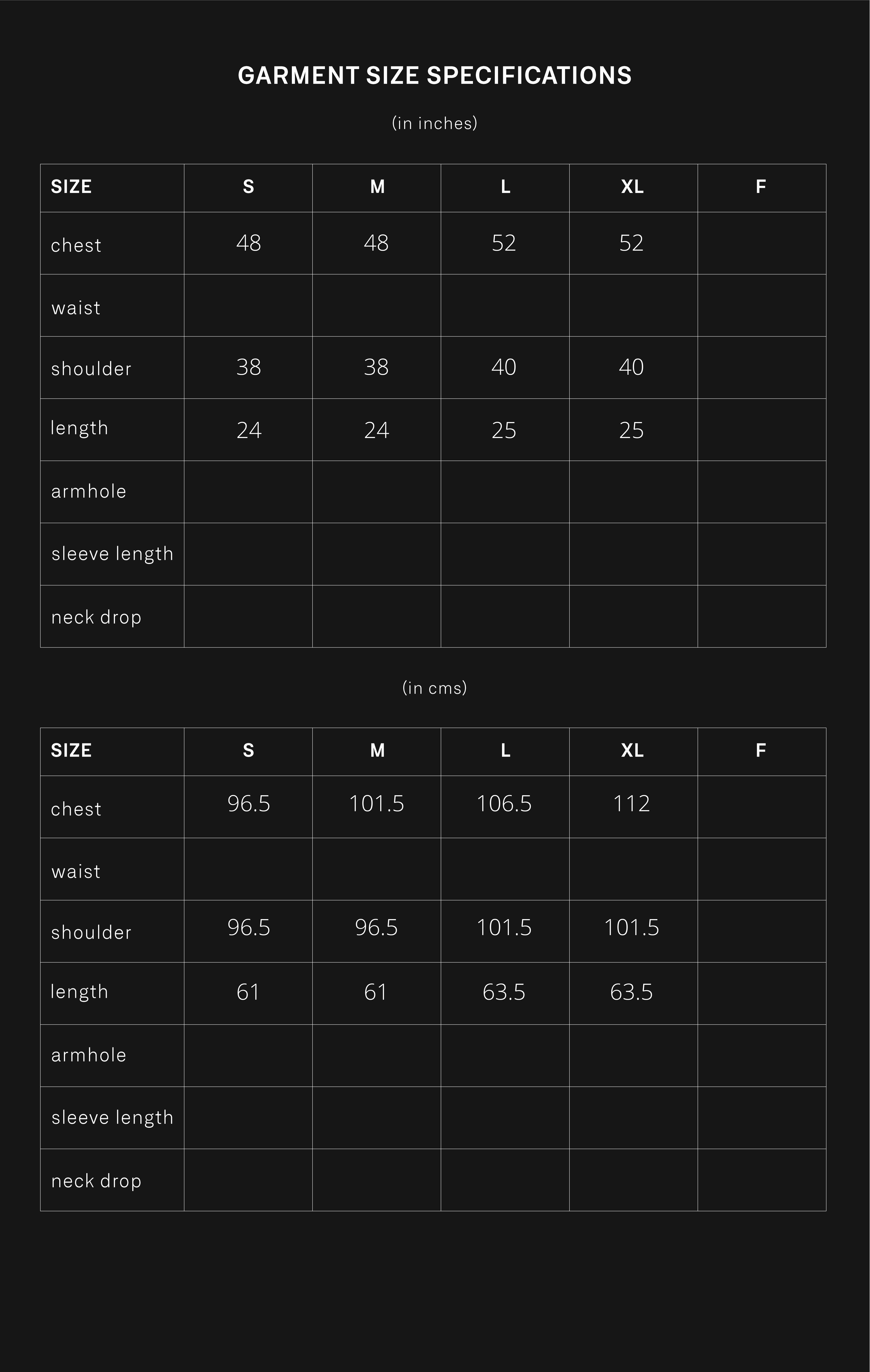 product size chart