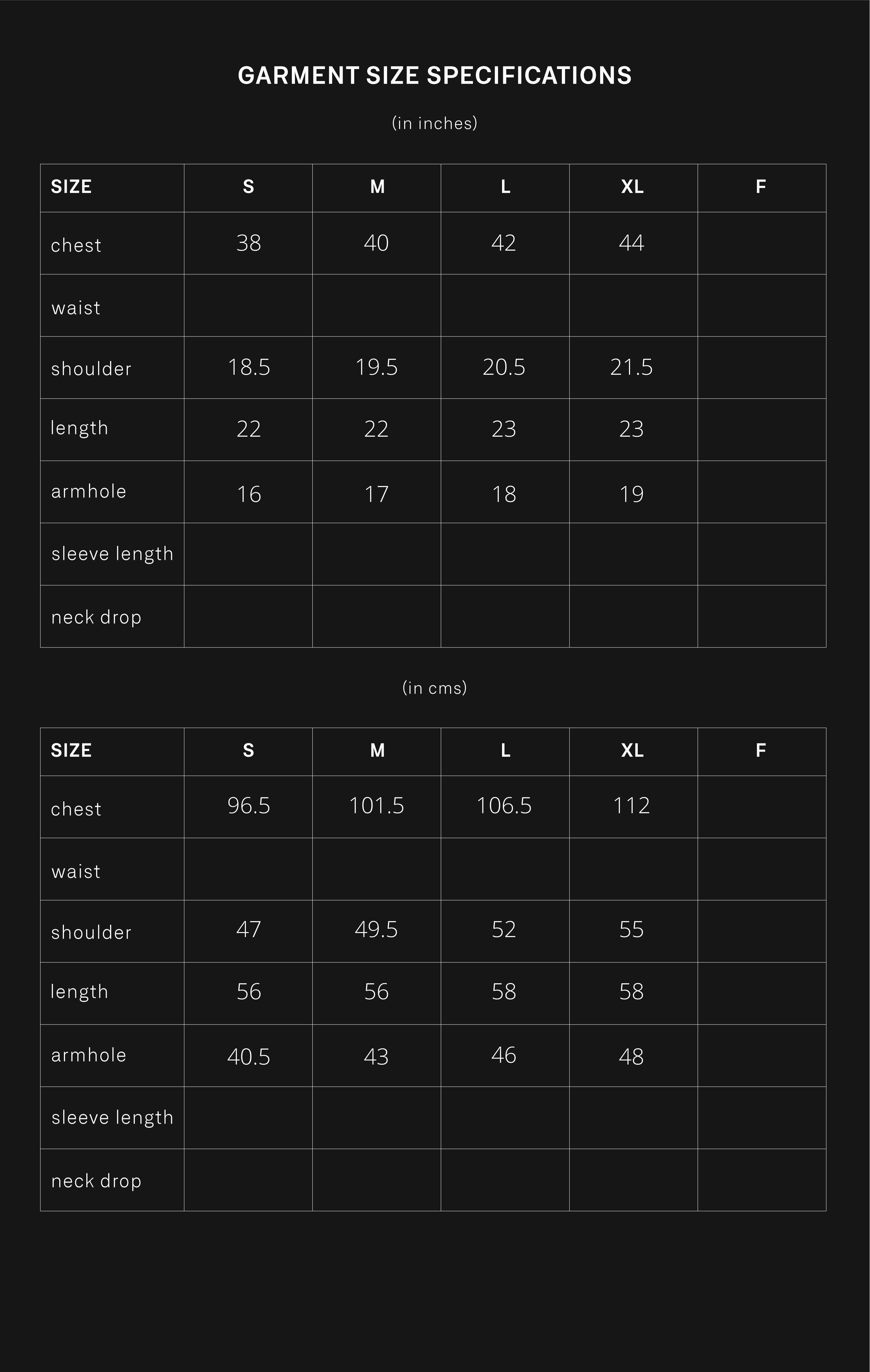 product size chart