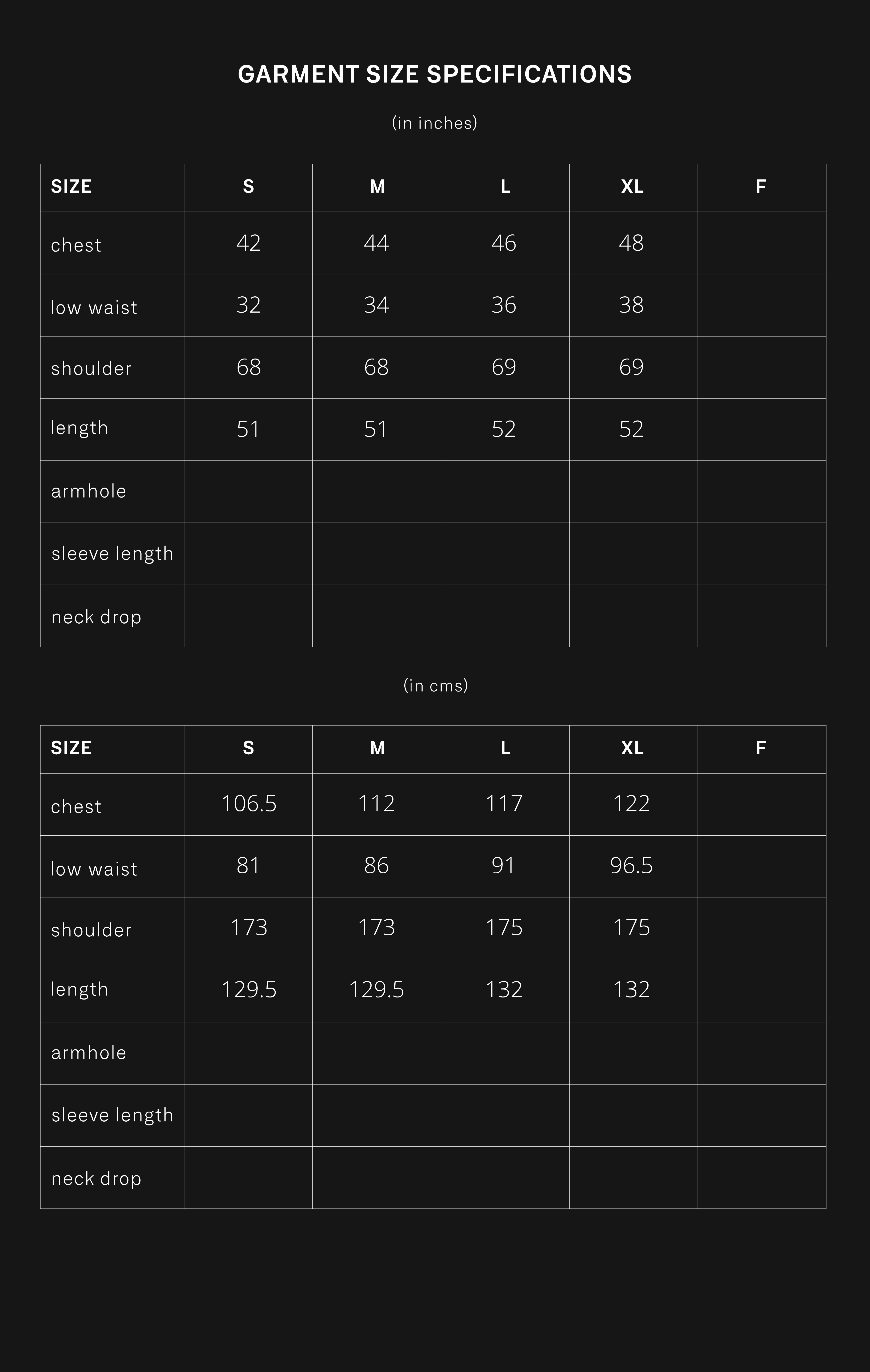 product size chart