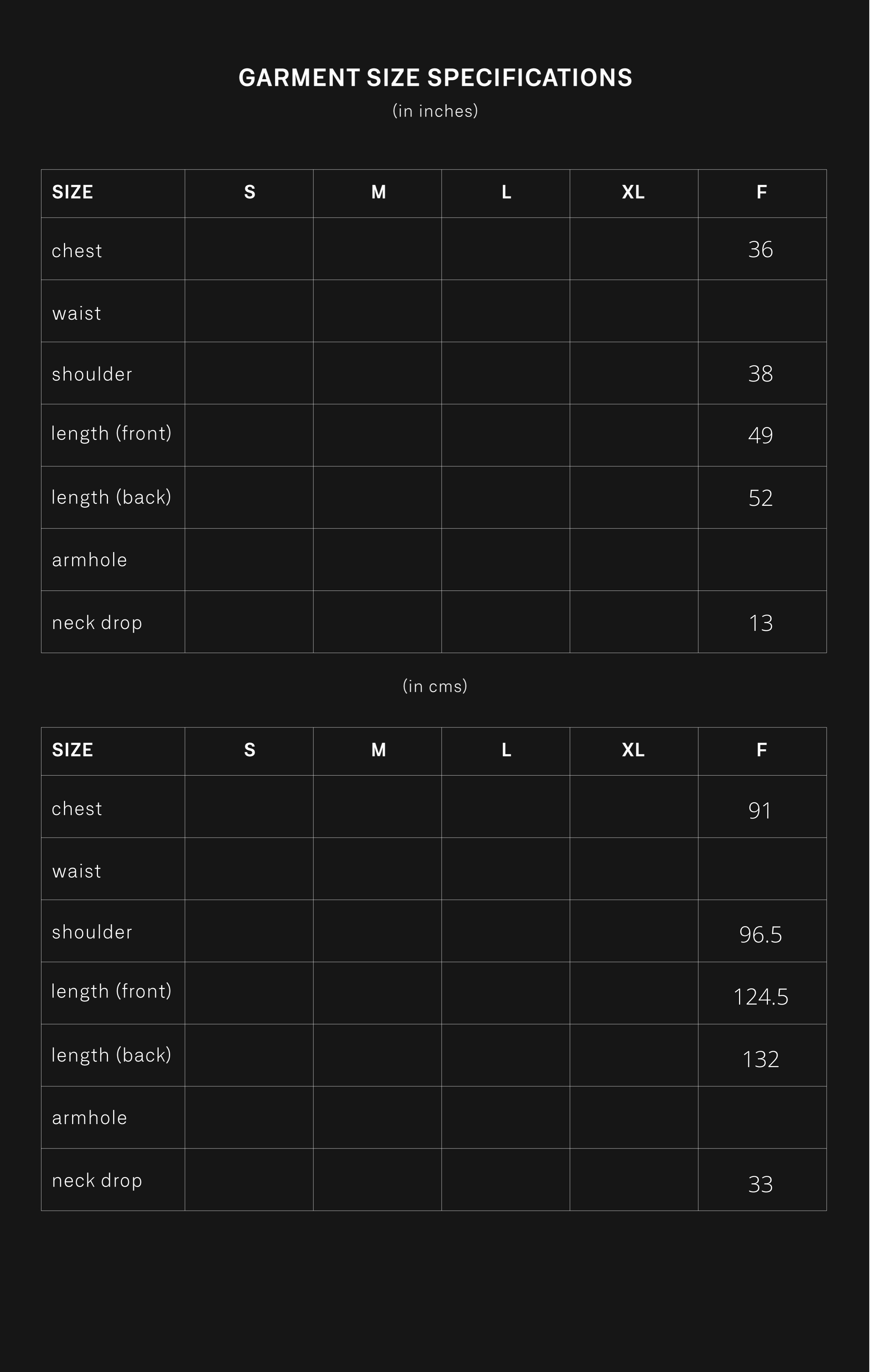 product size chart