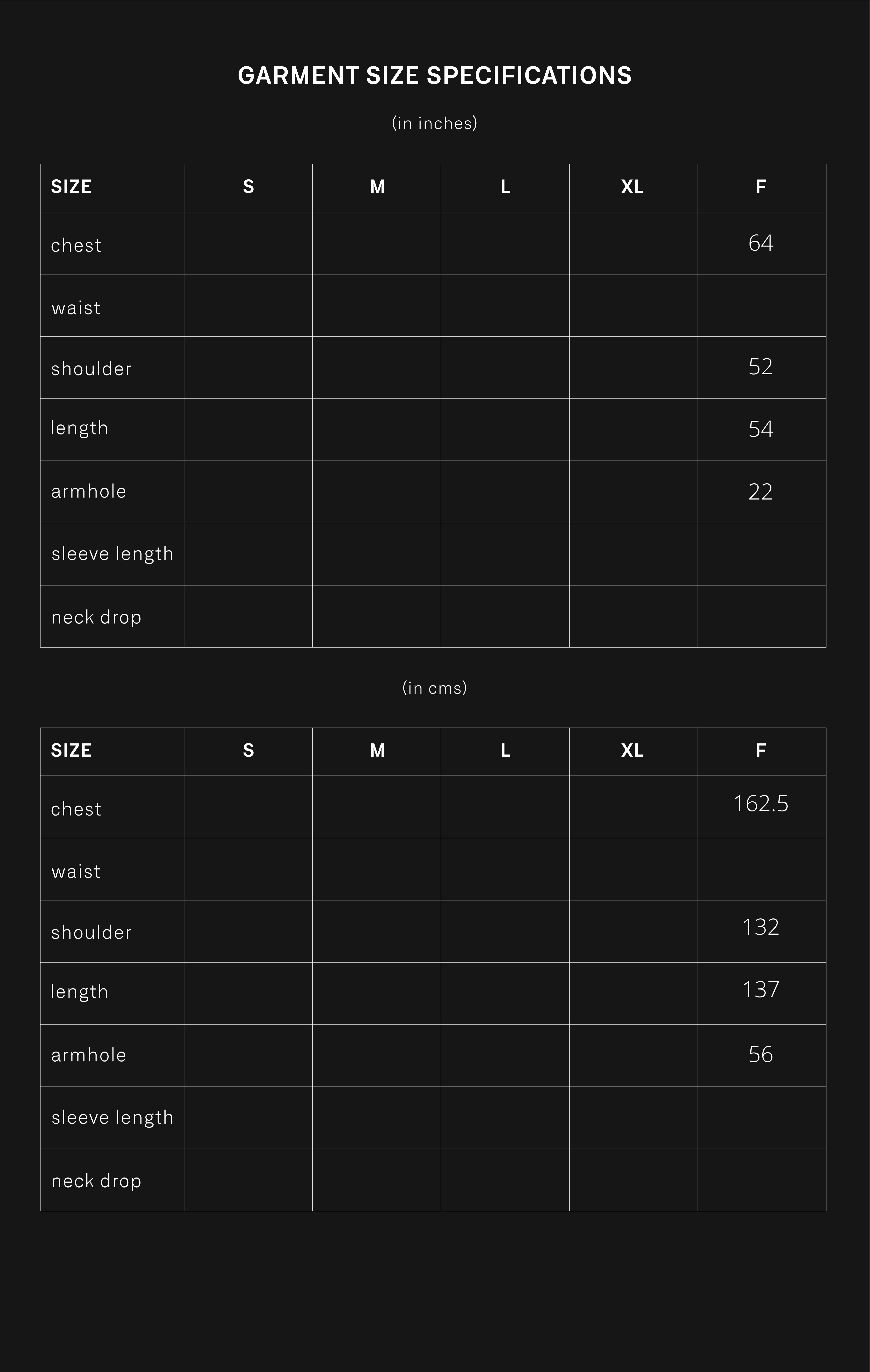 product size chart