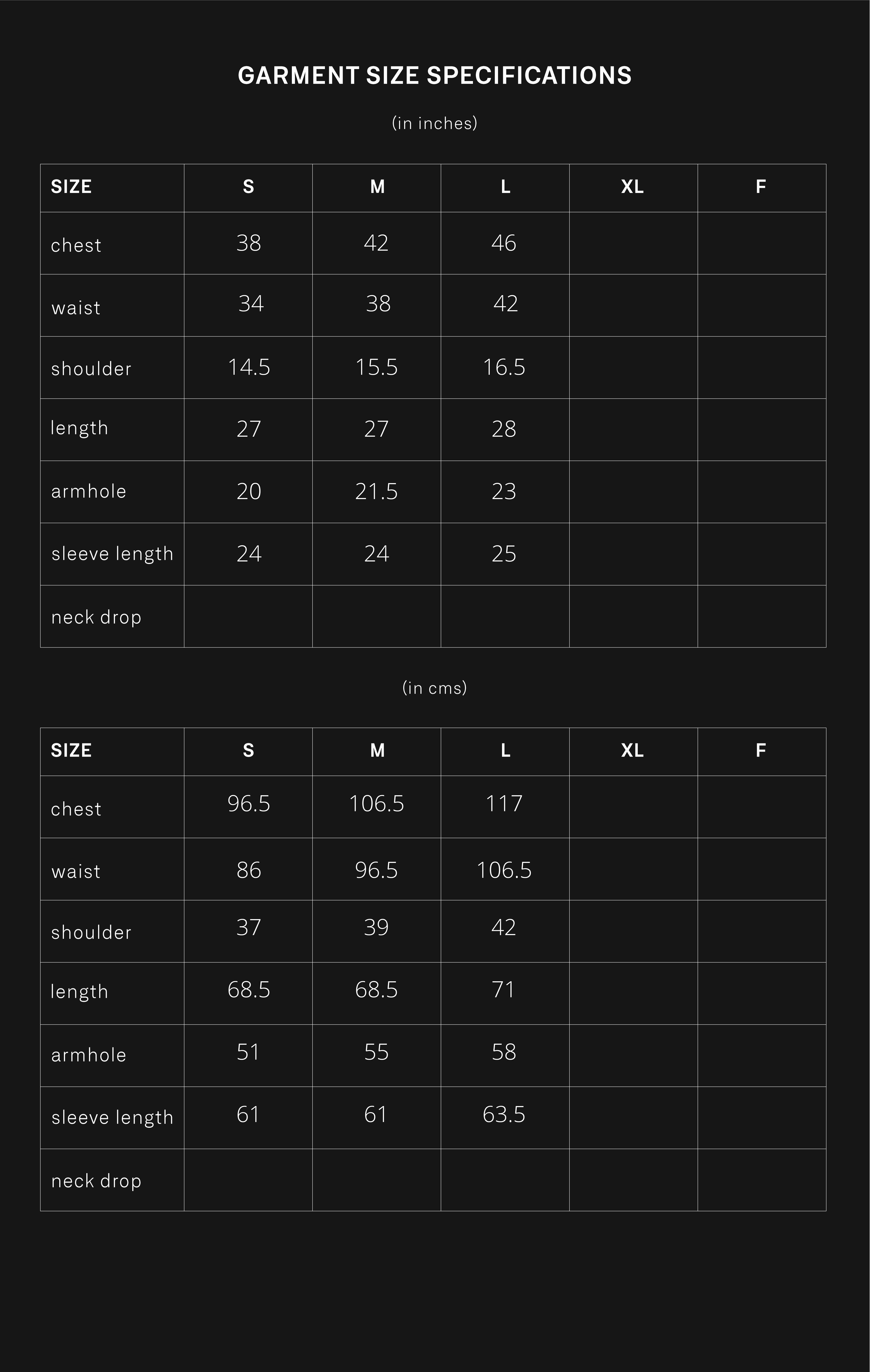 product size chart