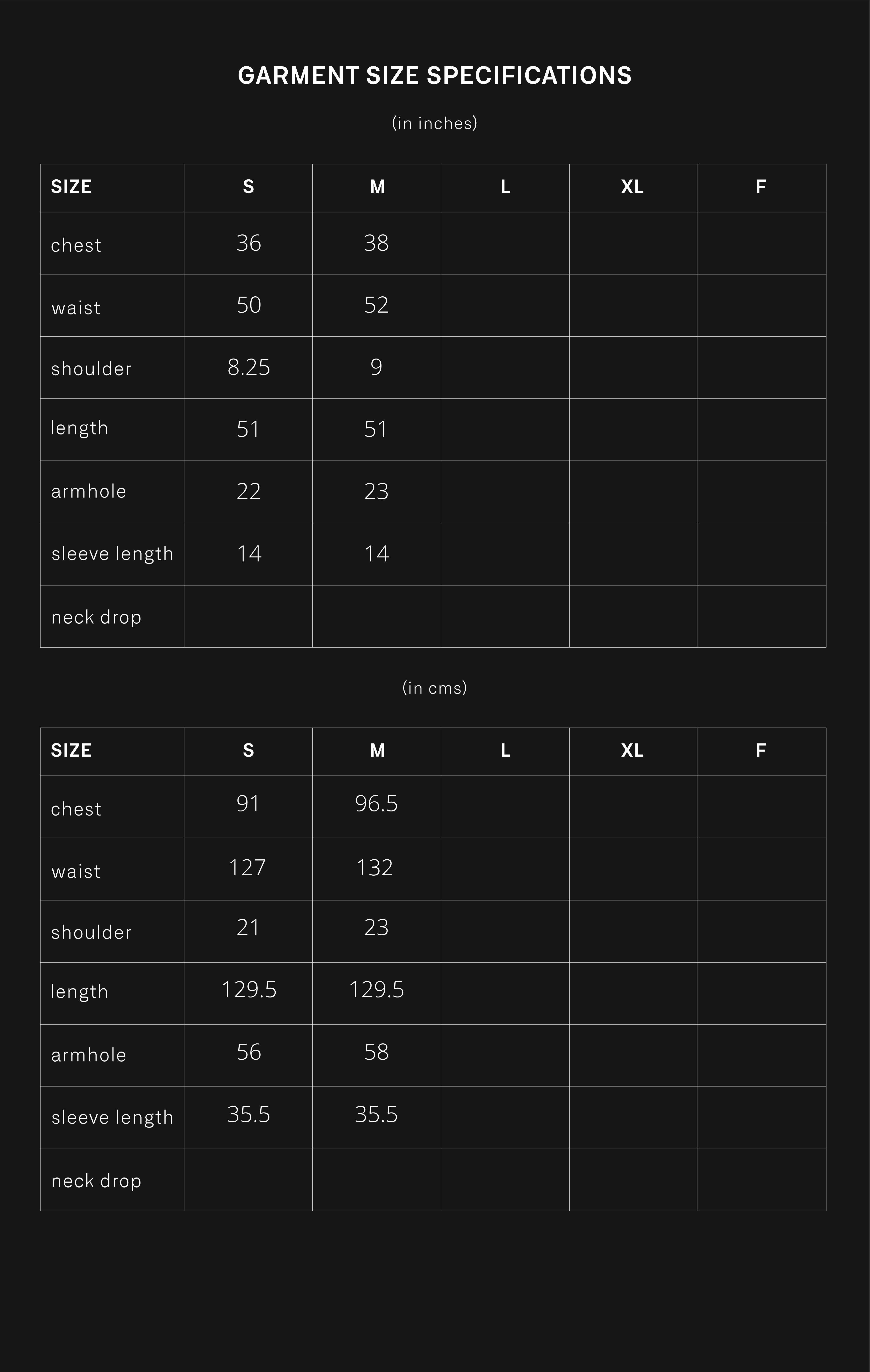 product size chart