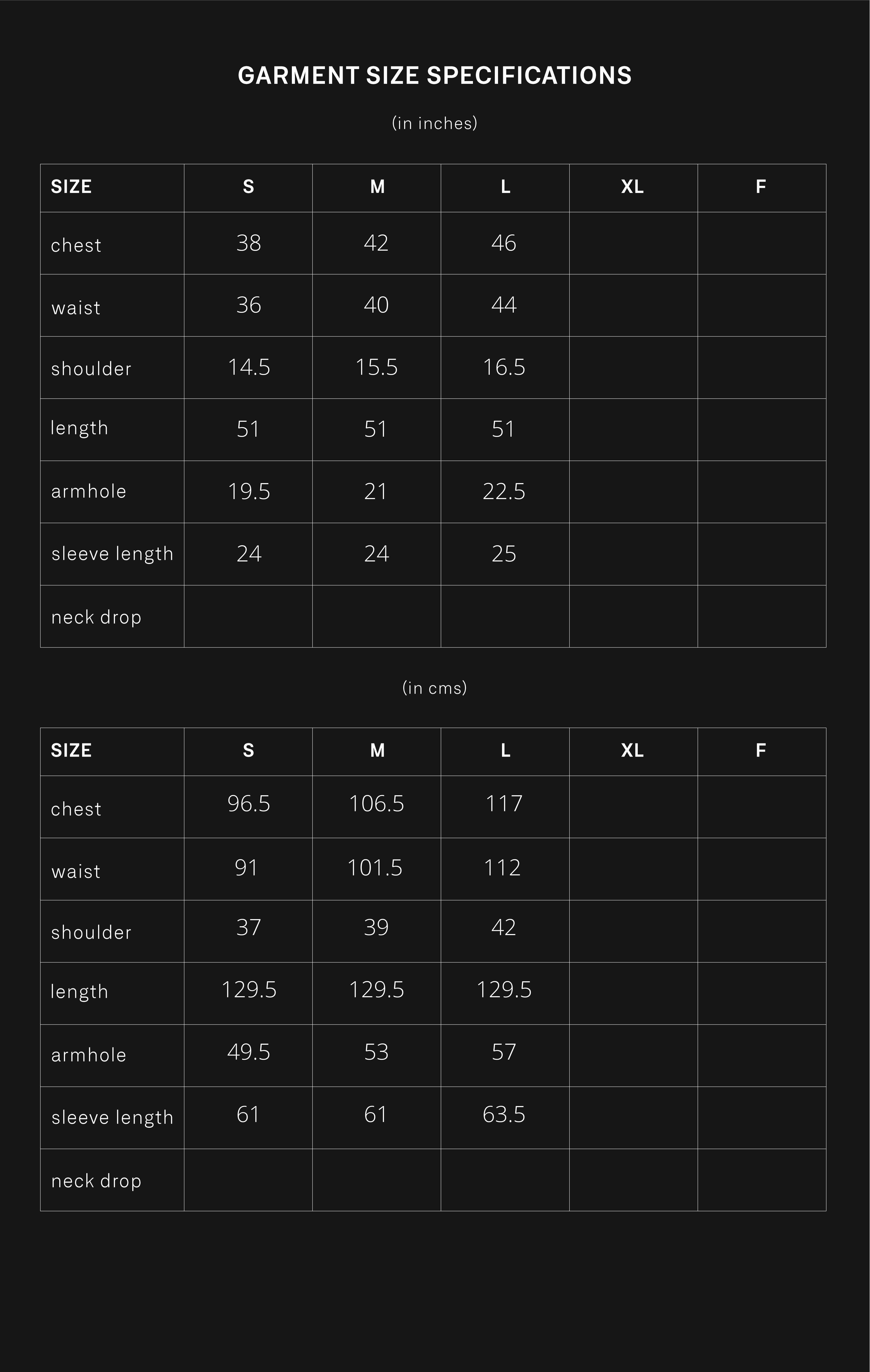 product size chart
