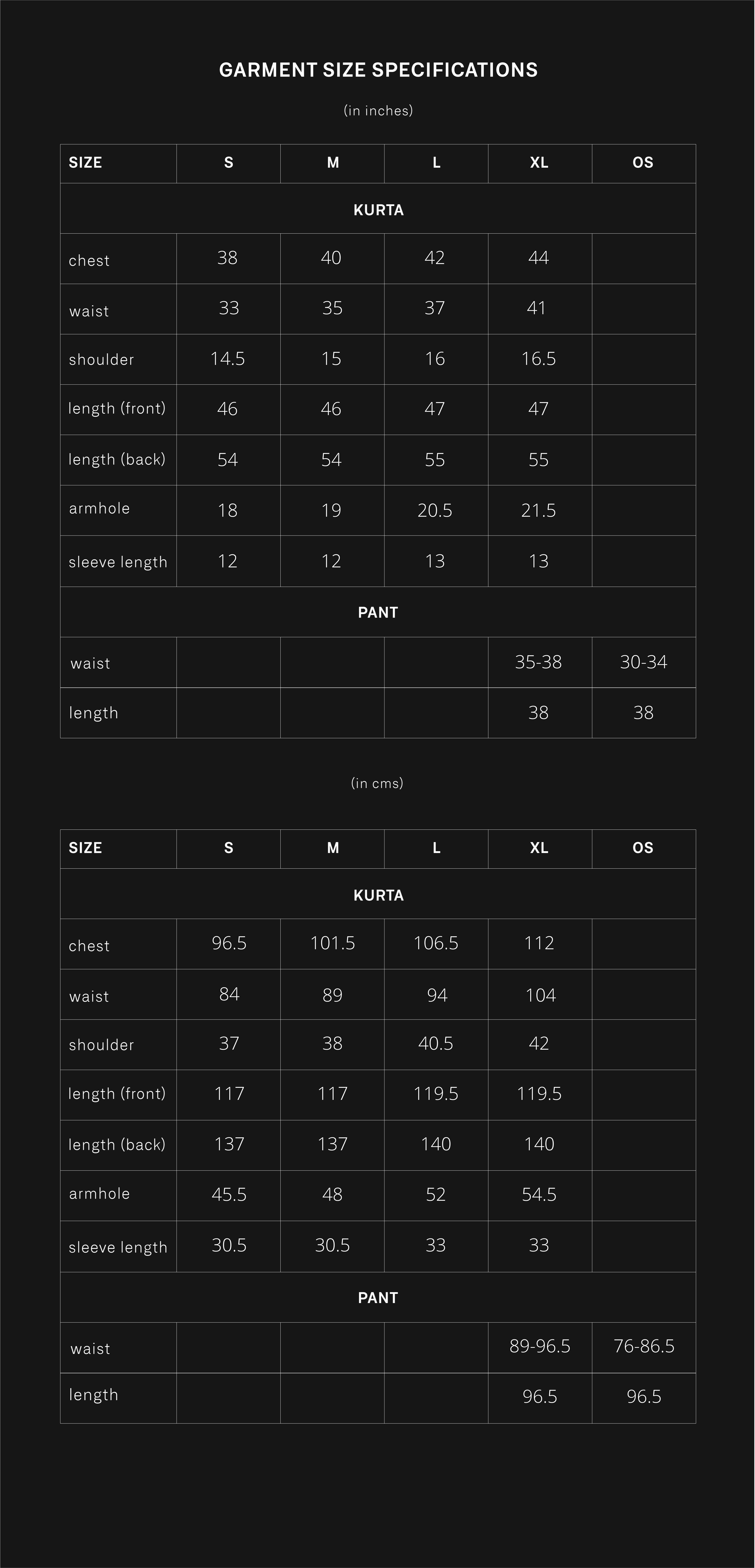 product size chart