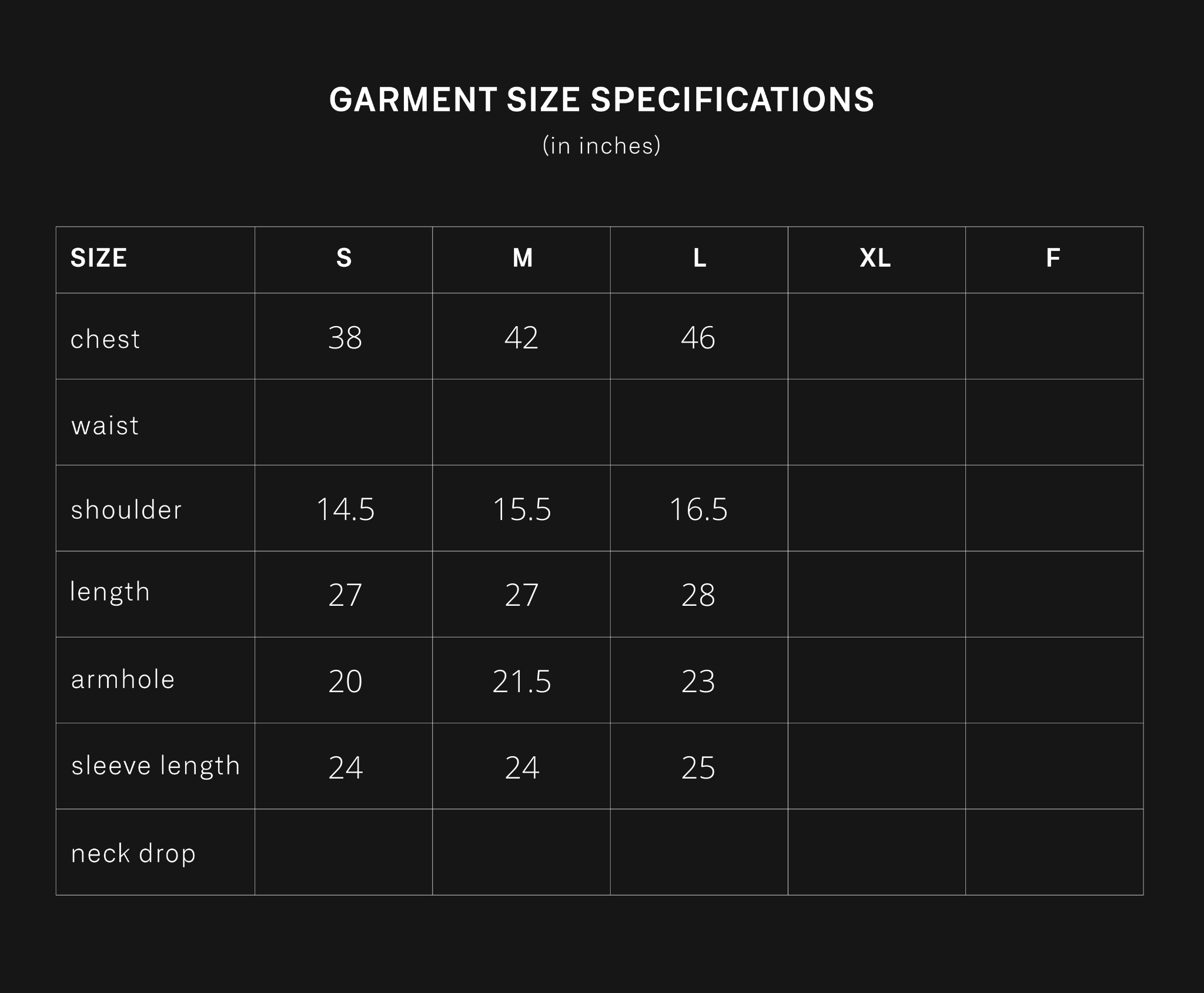 product size chart