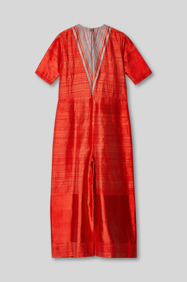 Handwoven Silk Jumpsuit with Brocade Detail