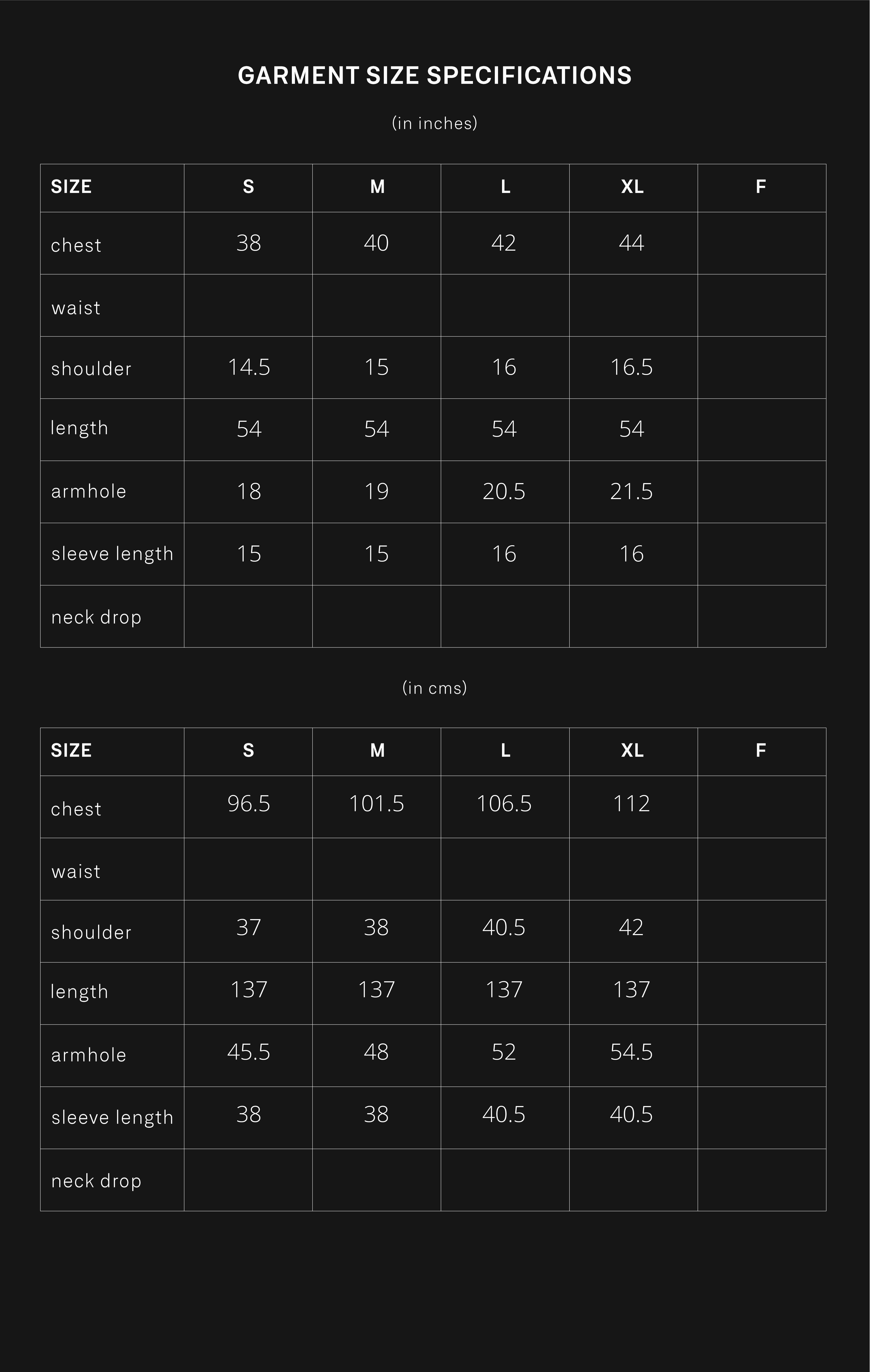 product size chart