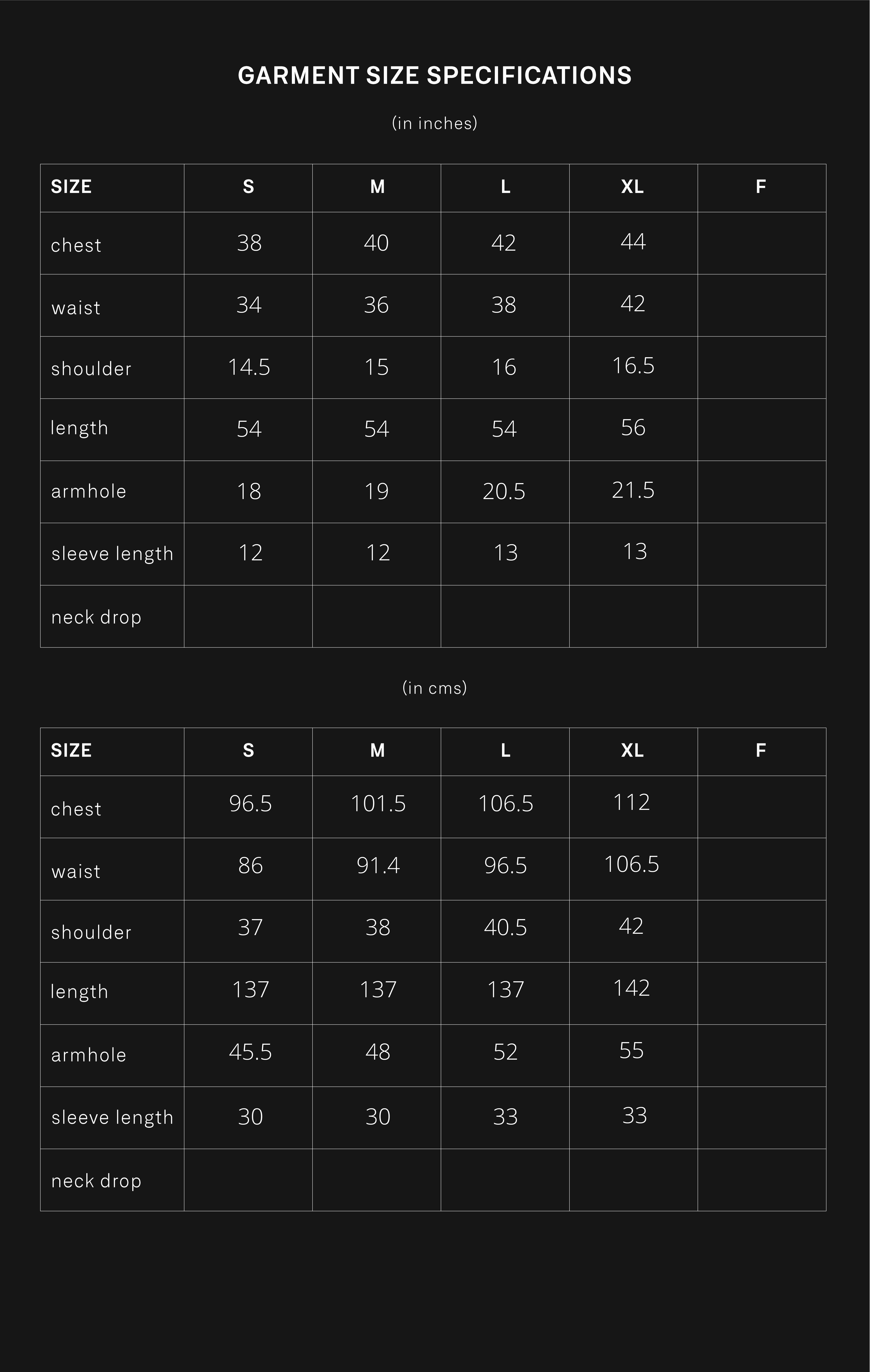 product size chart