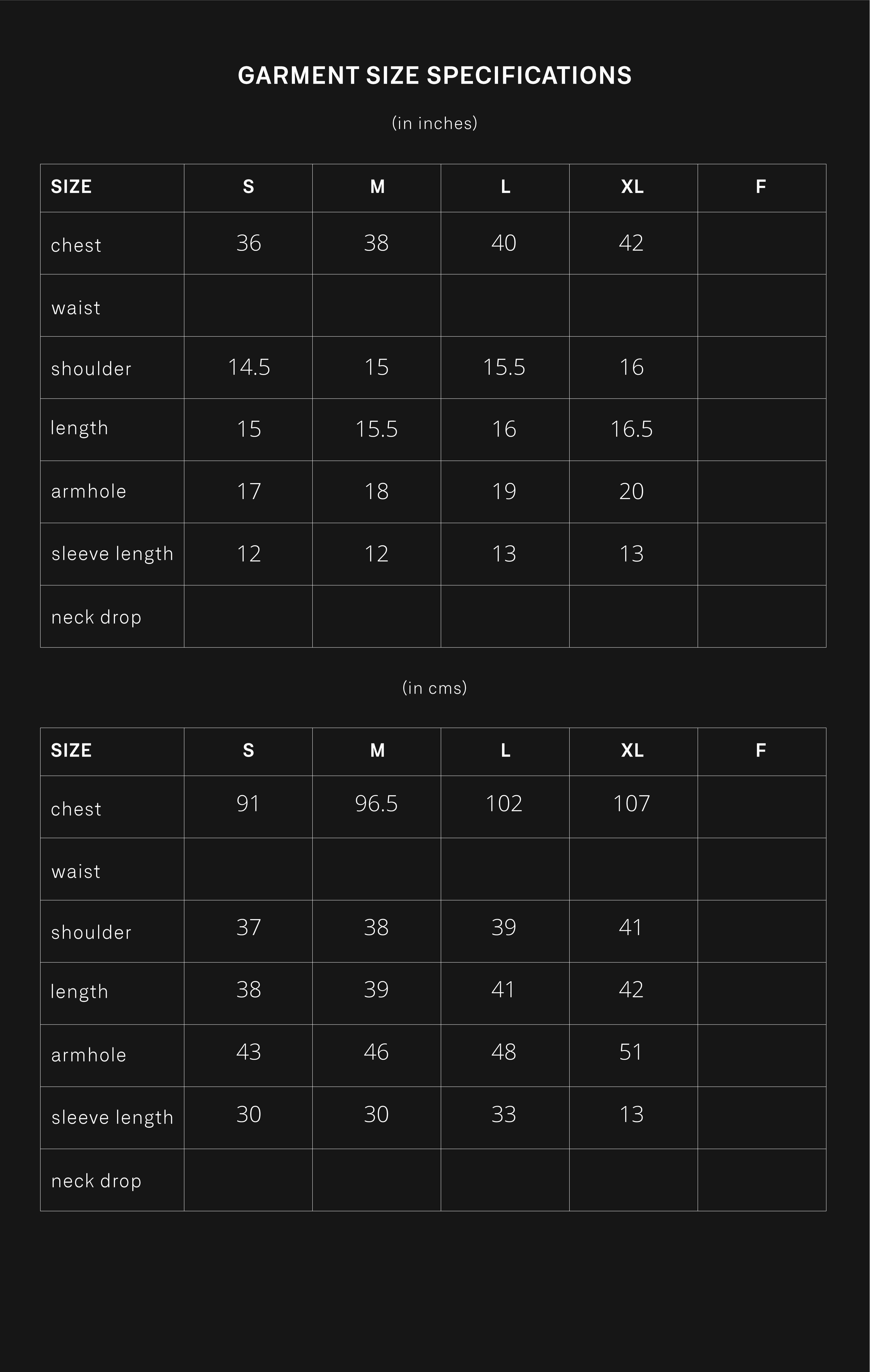 product size chart