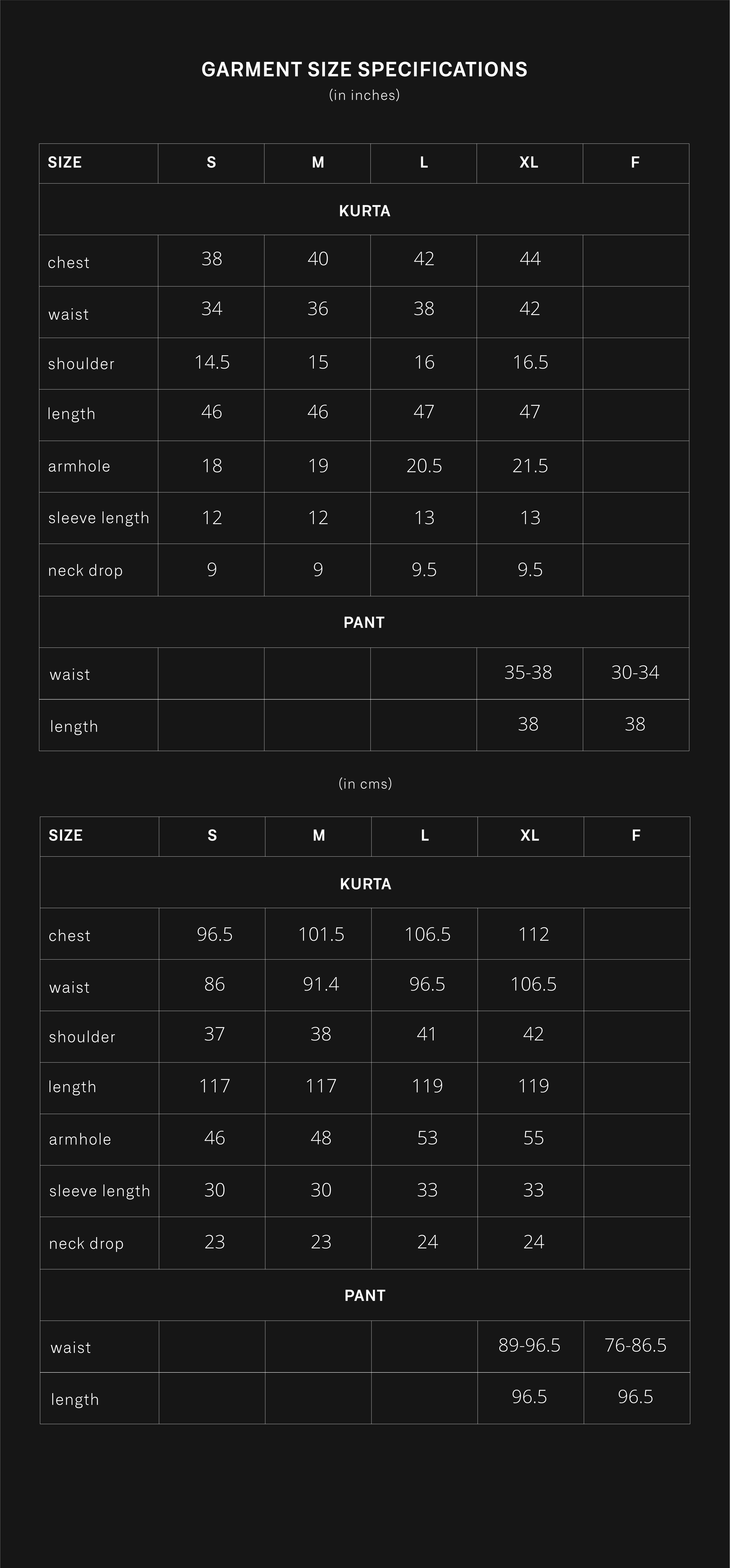 product size chart