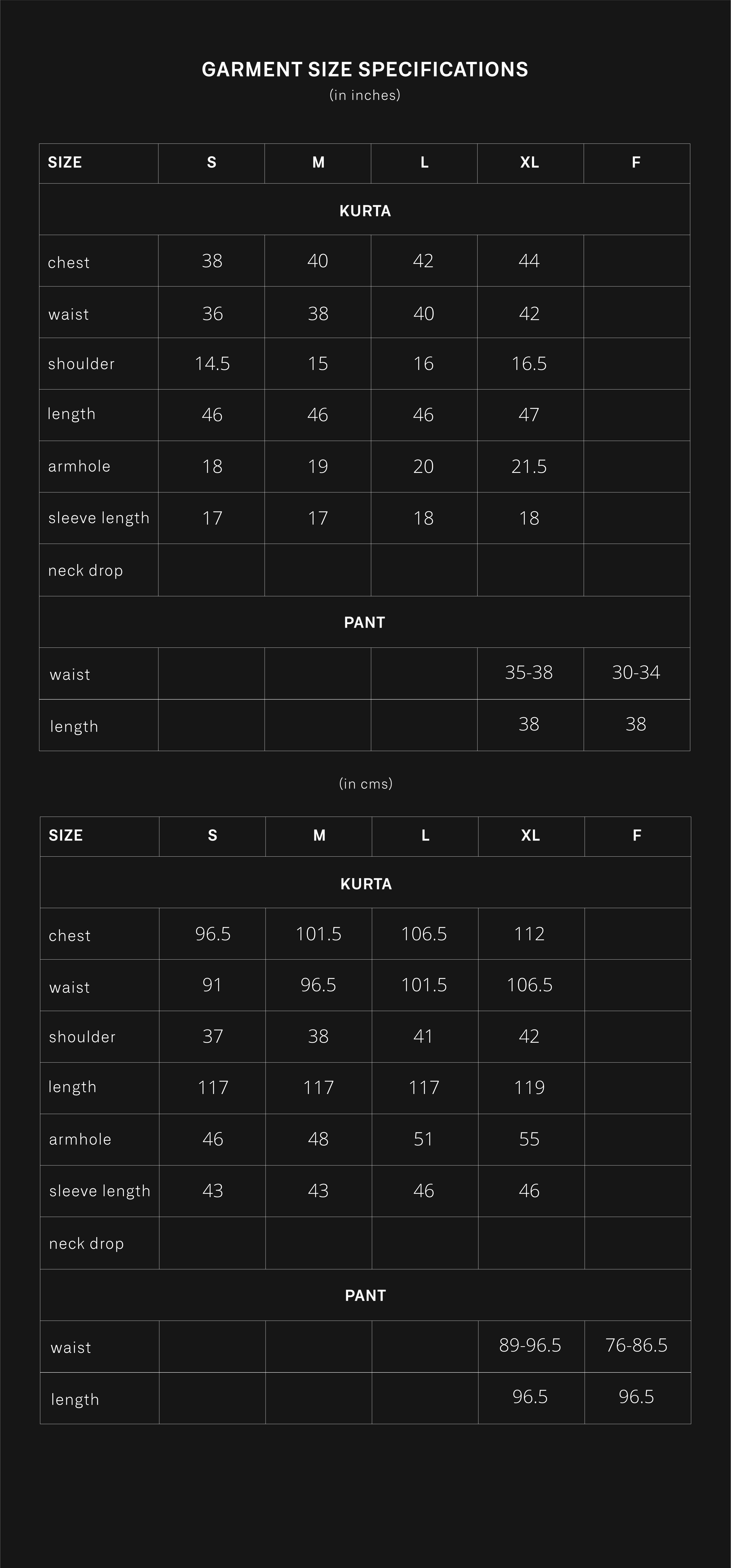 product size chart