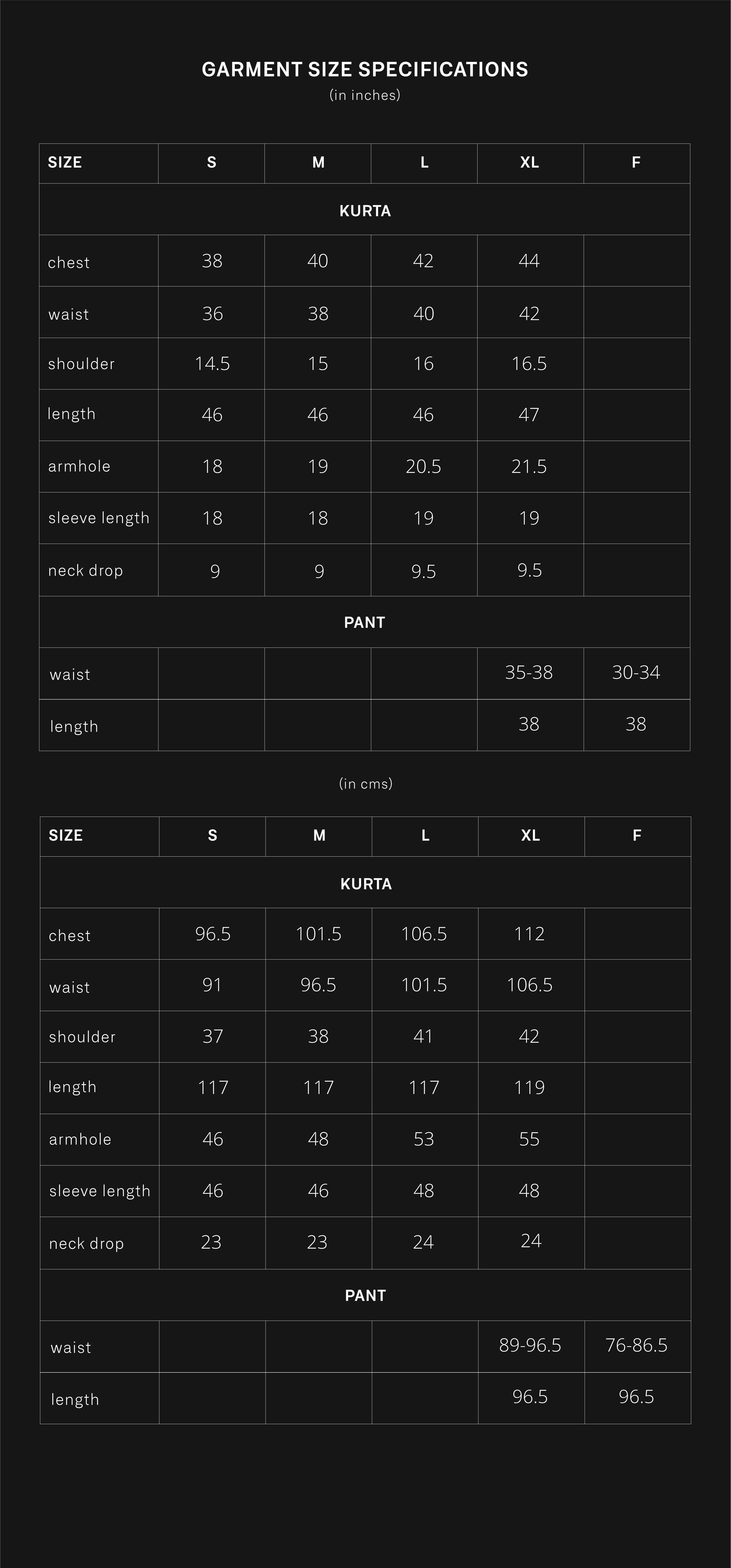 product size chart