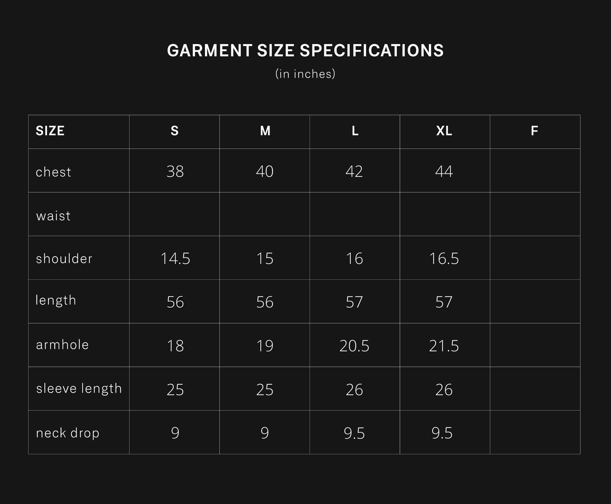 product size chart