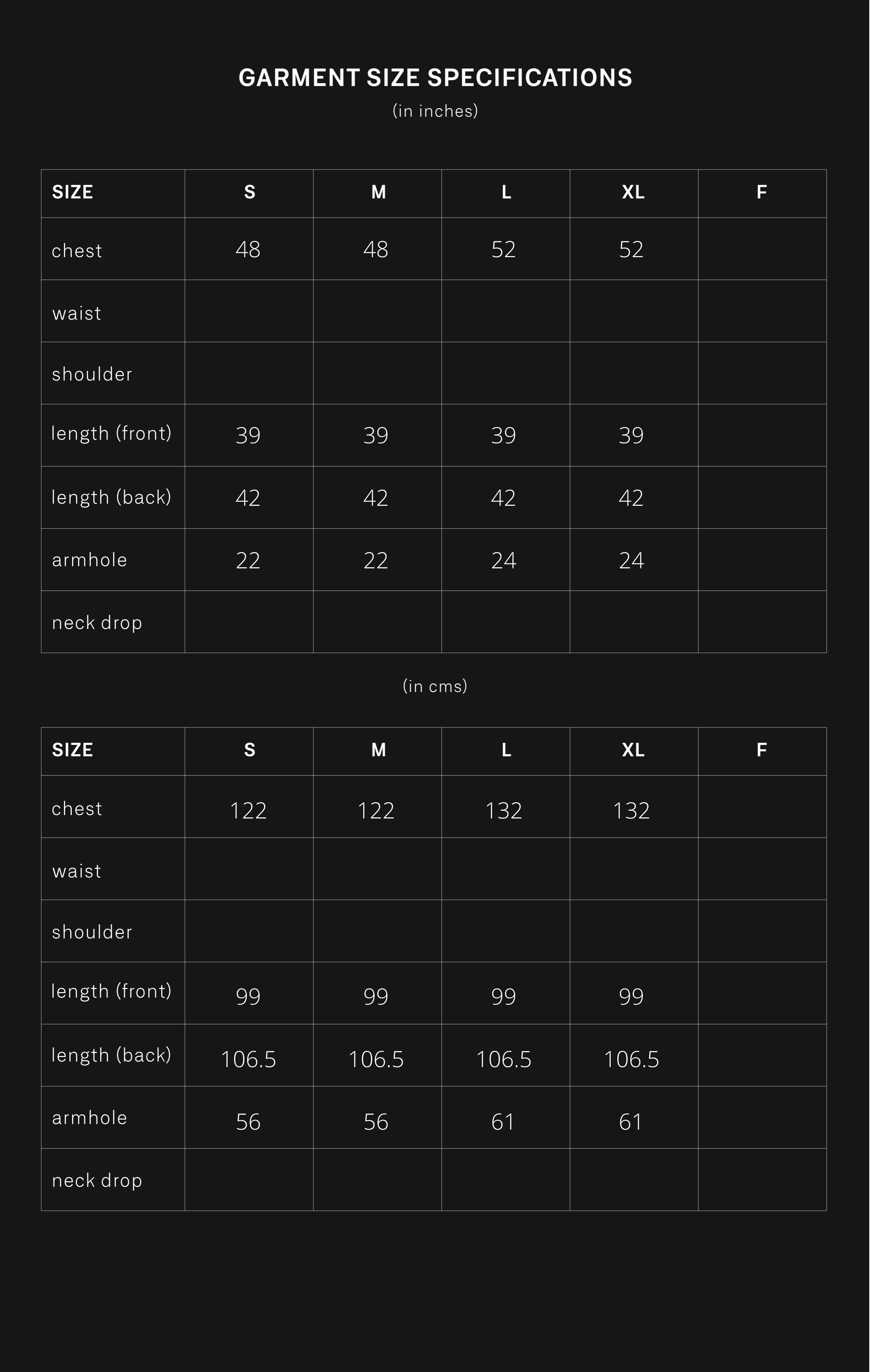 product size chart