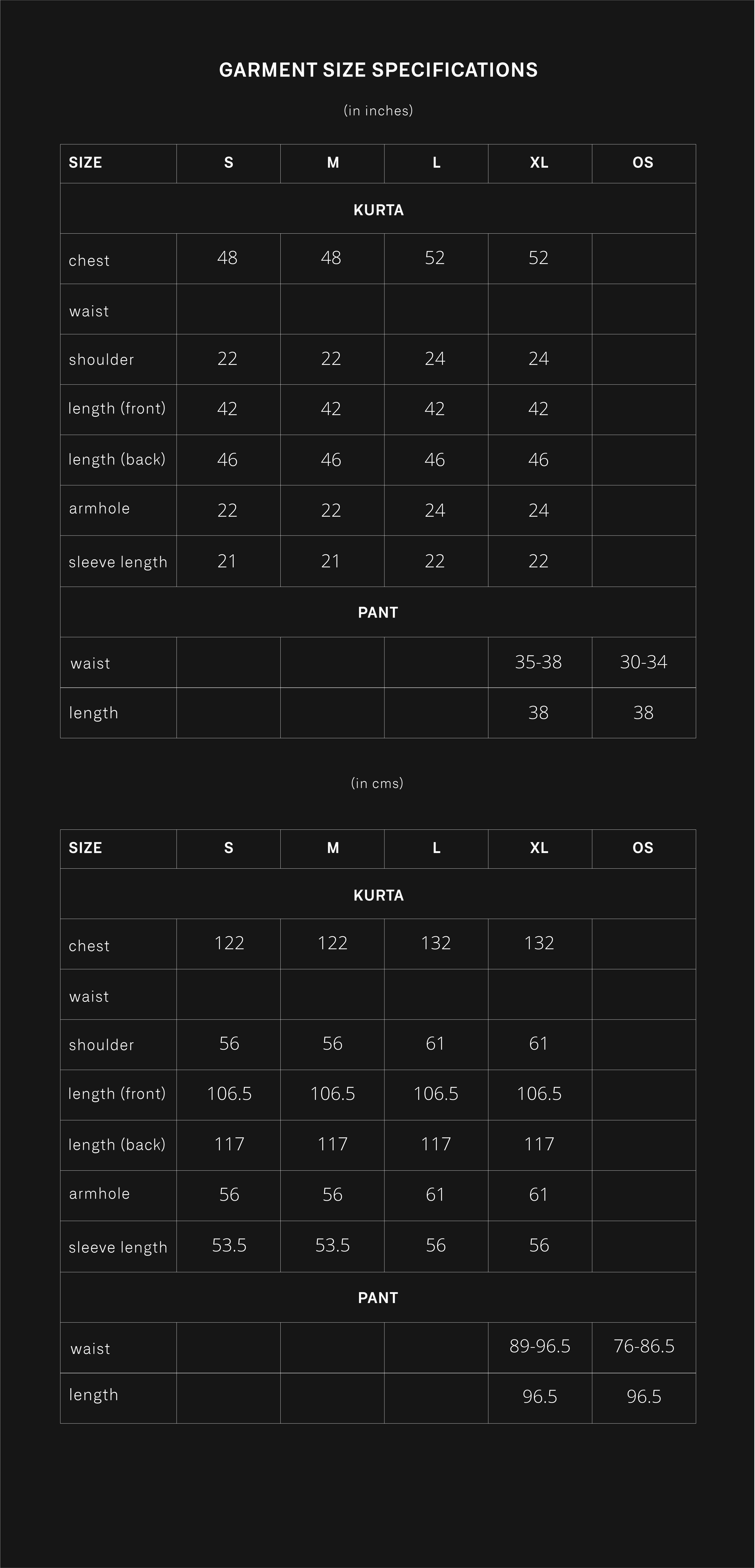 product size chart