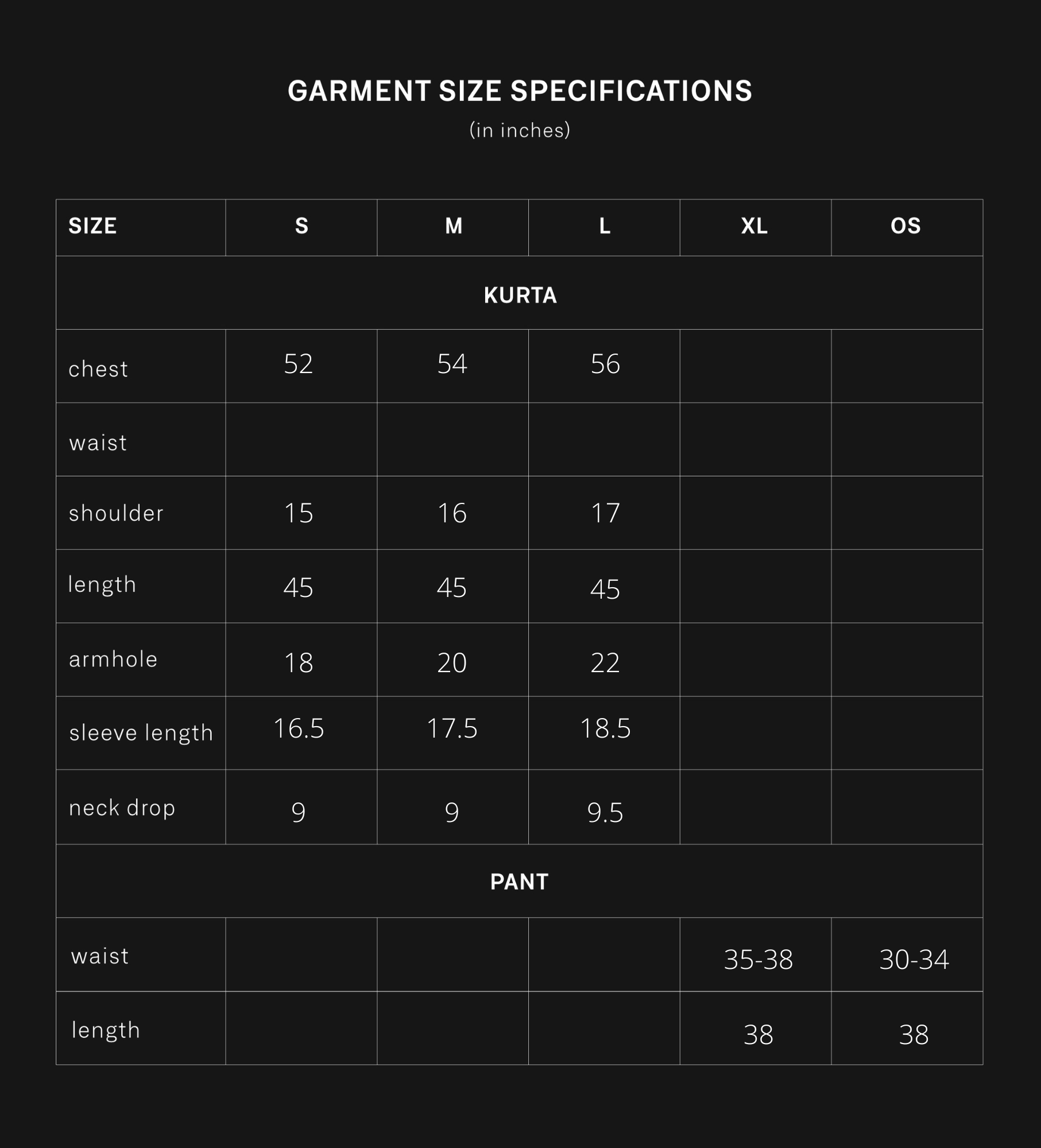 product size chart