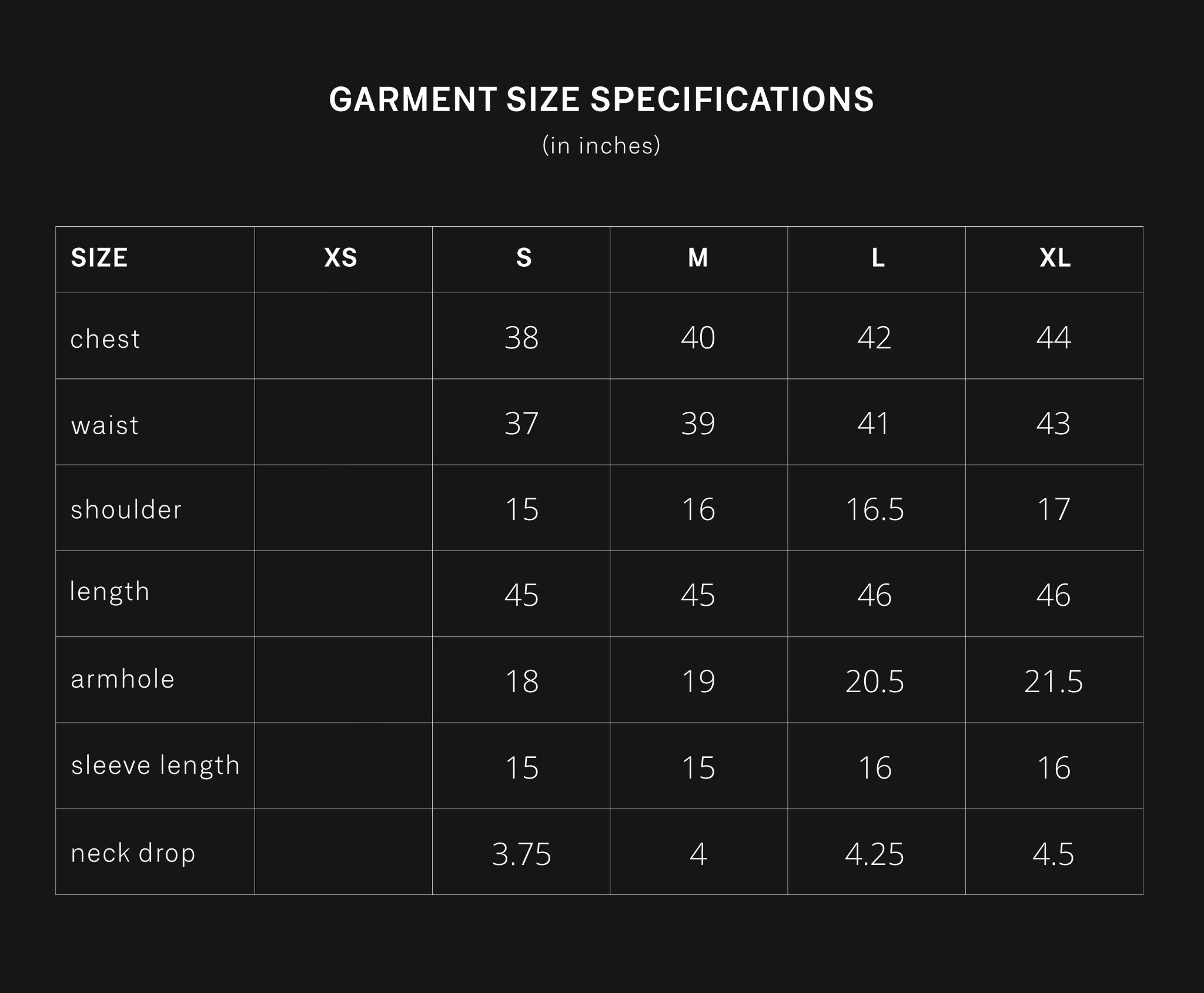 product size chart