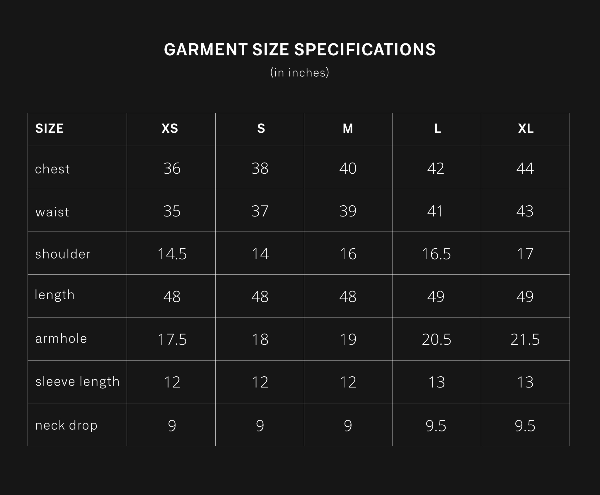 product size chart