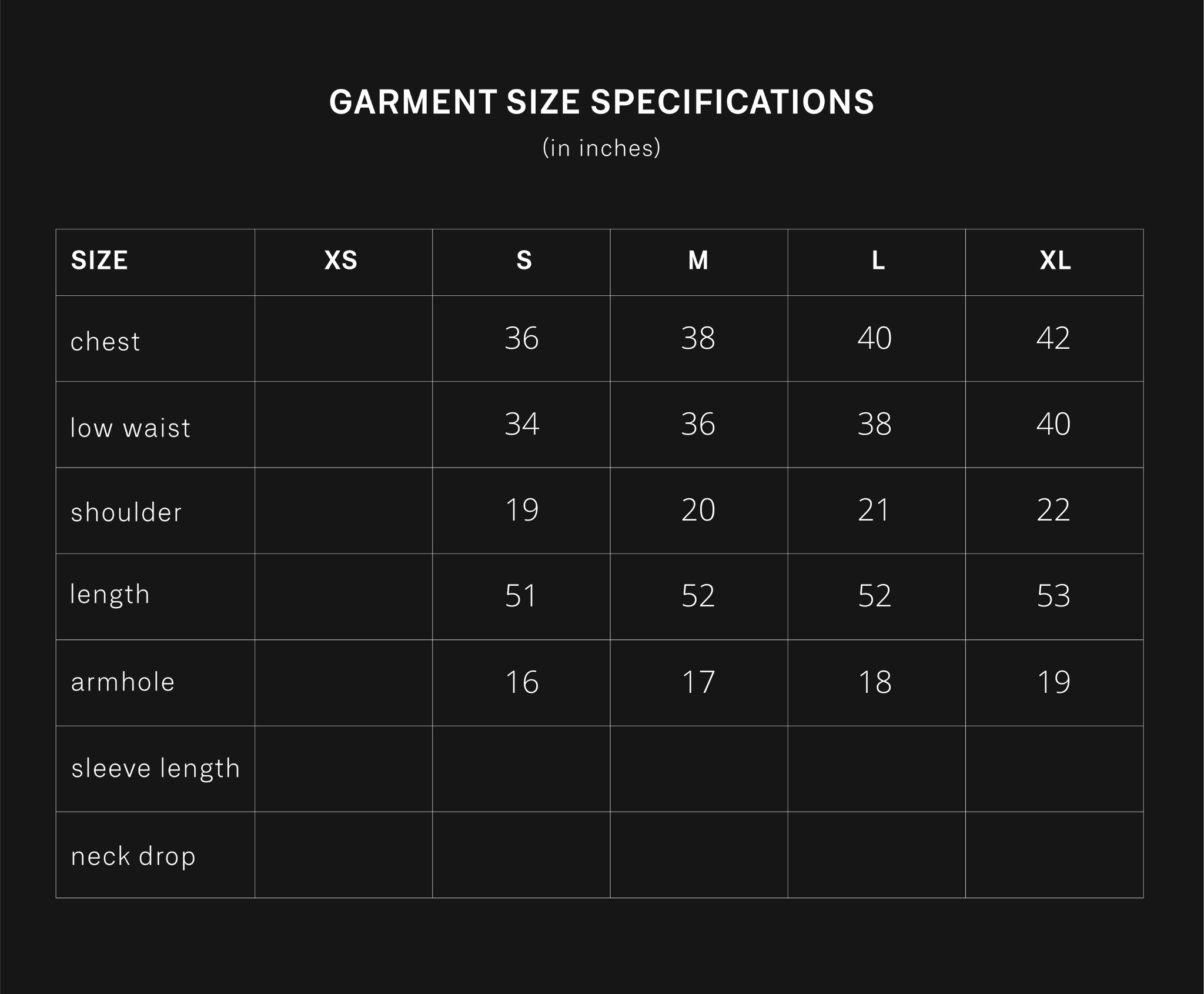 product size chart