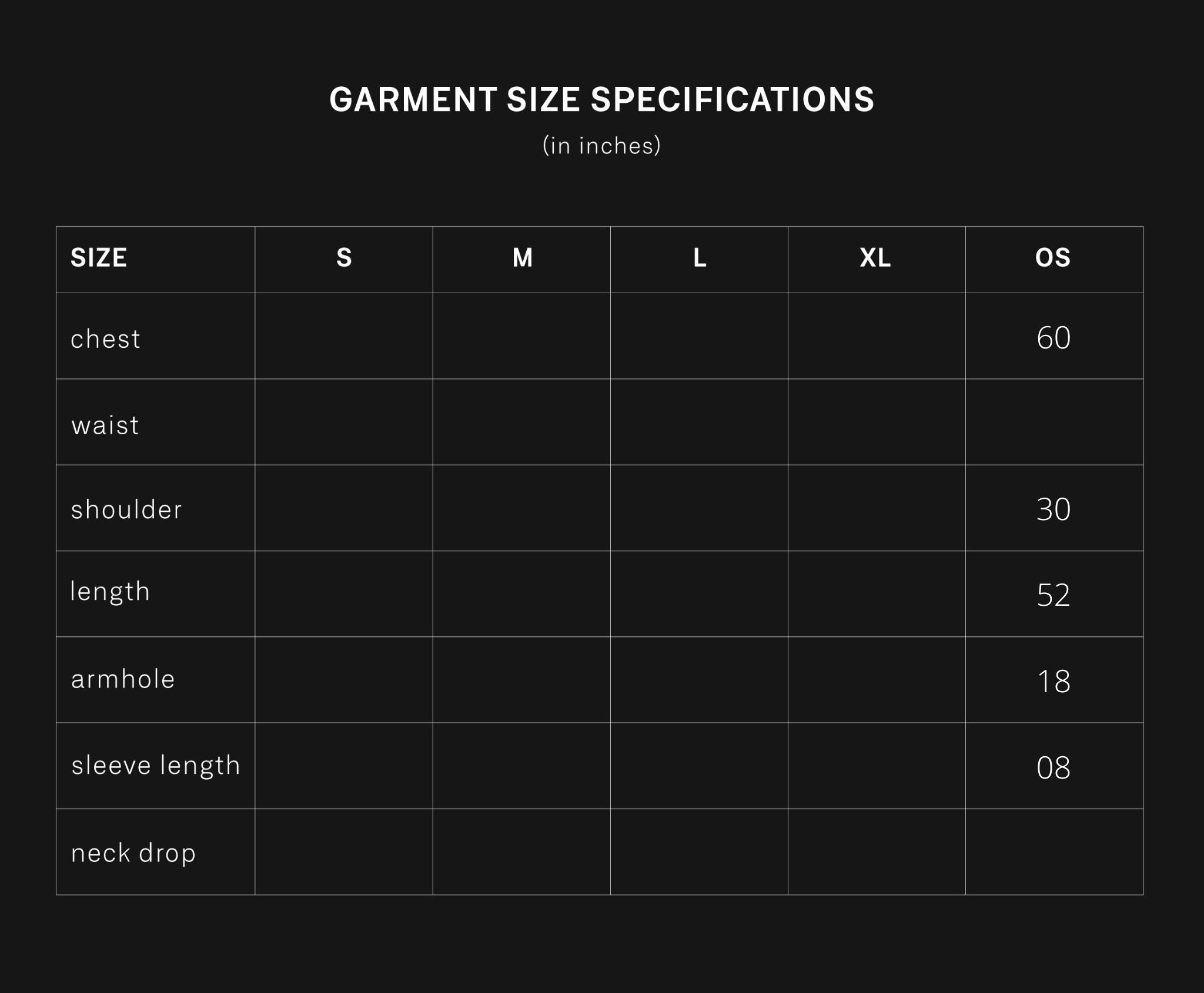 product size chart
