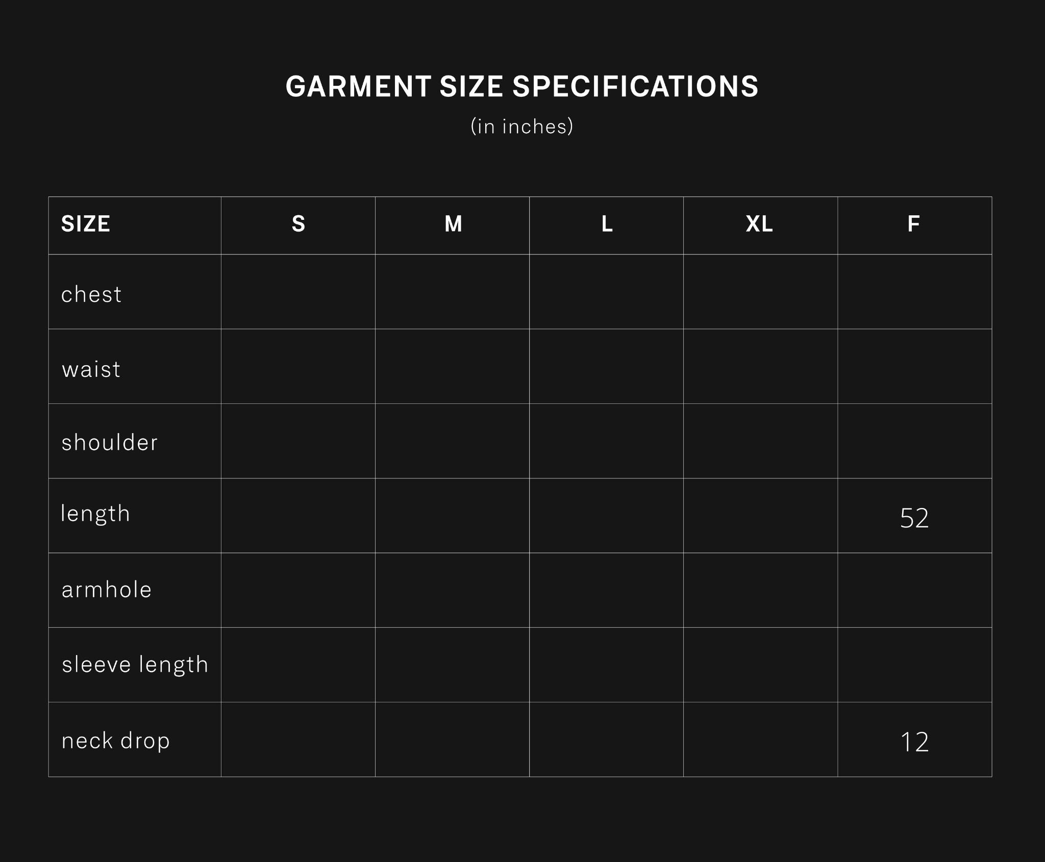 product size chart