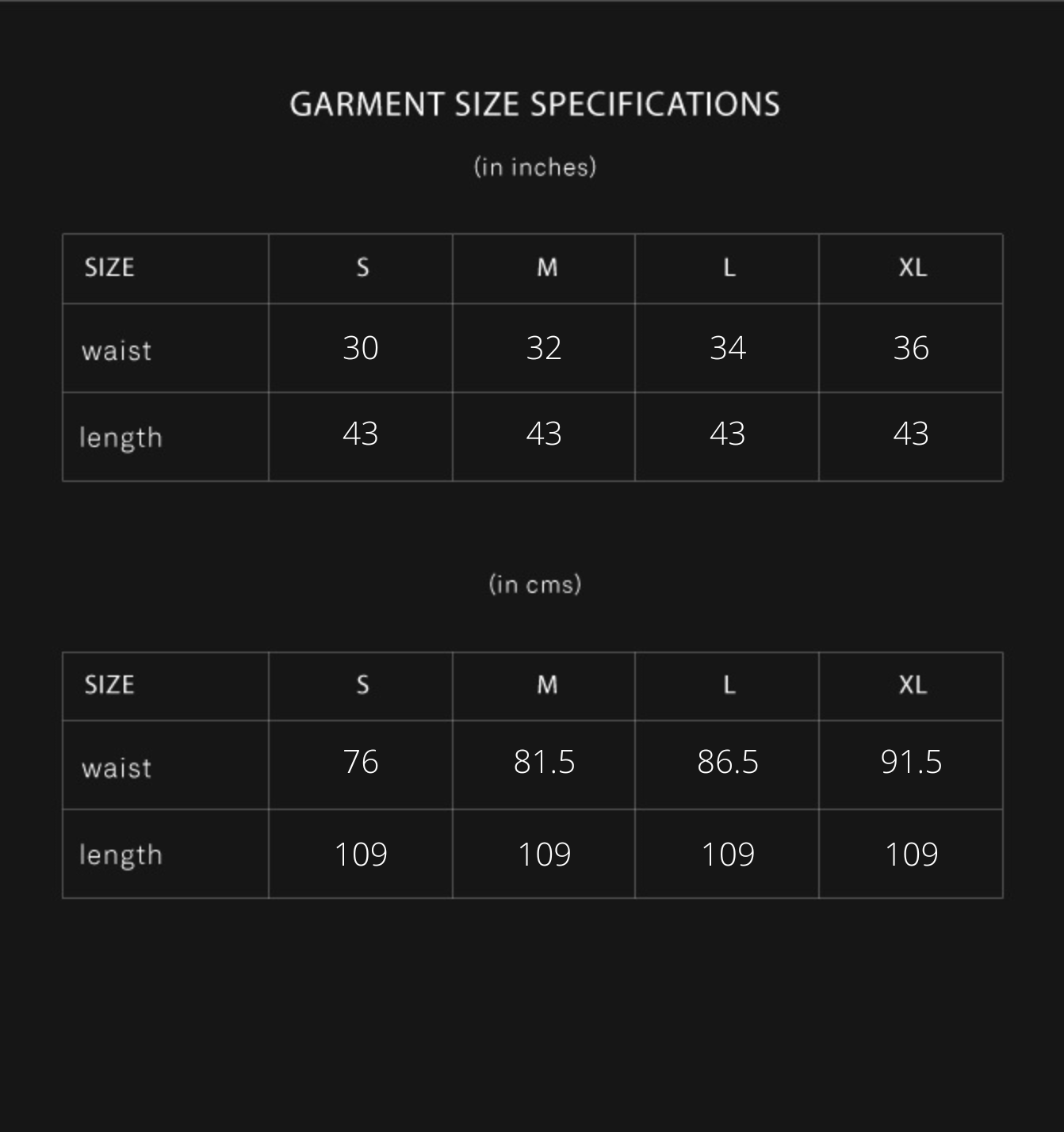 product size chart