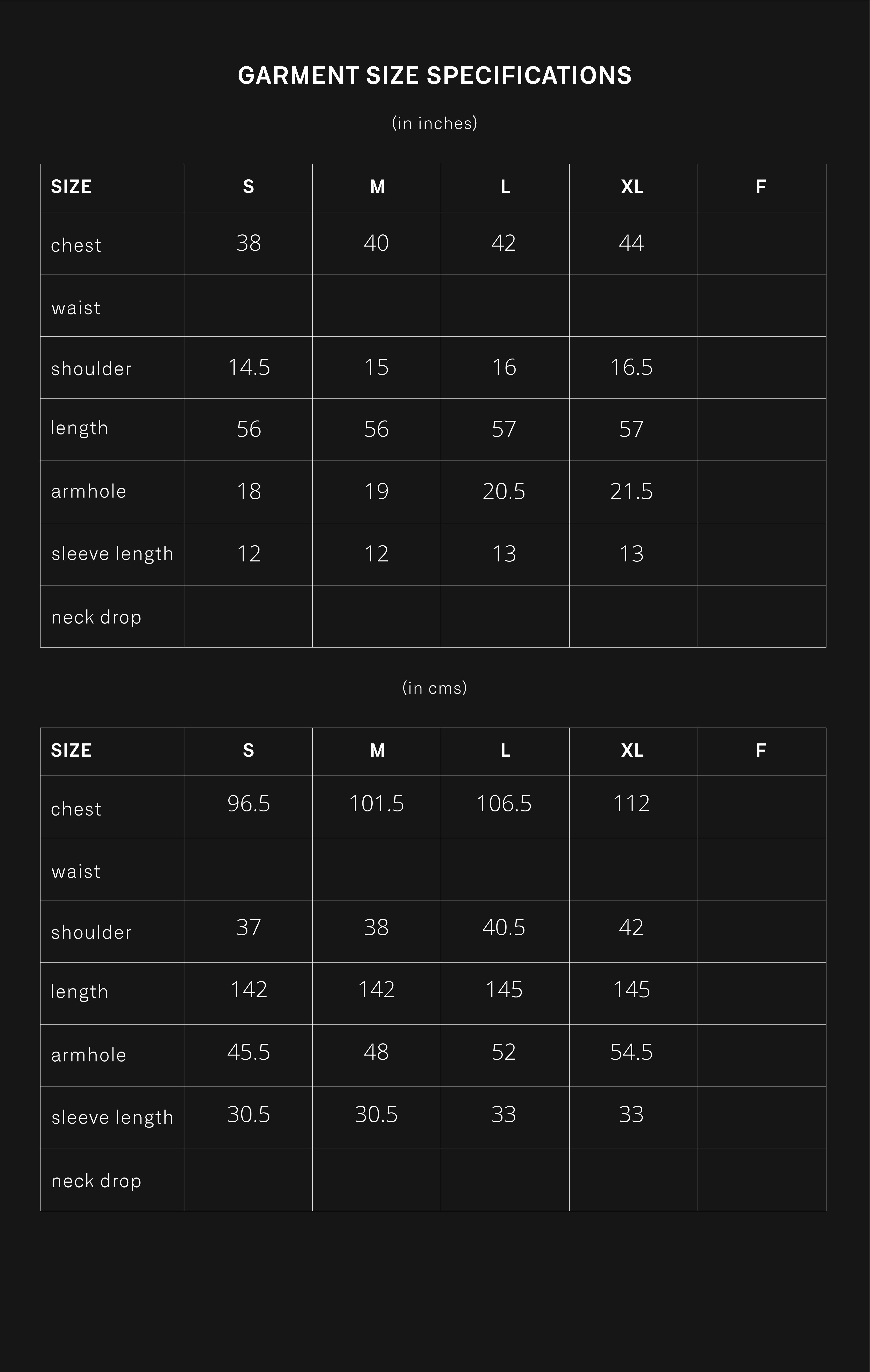 product size chart