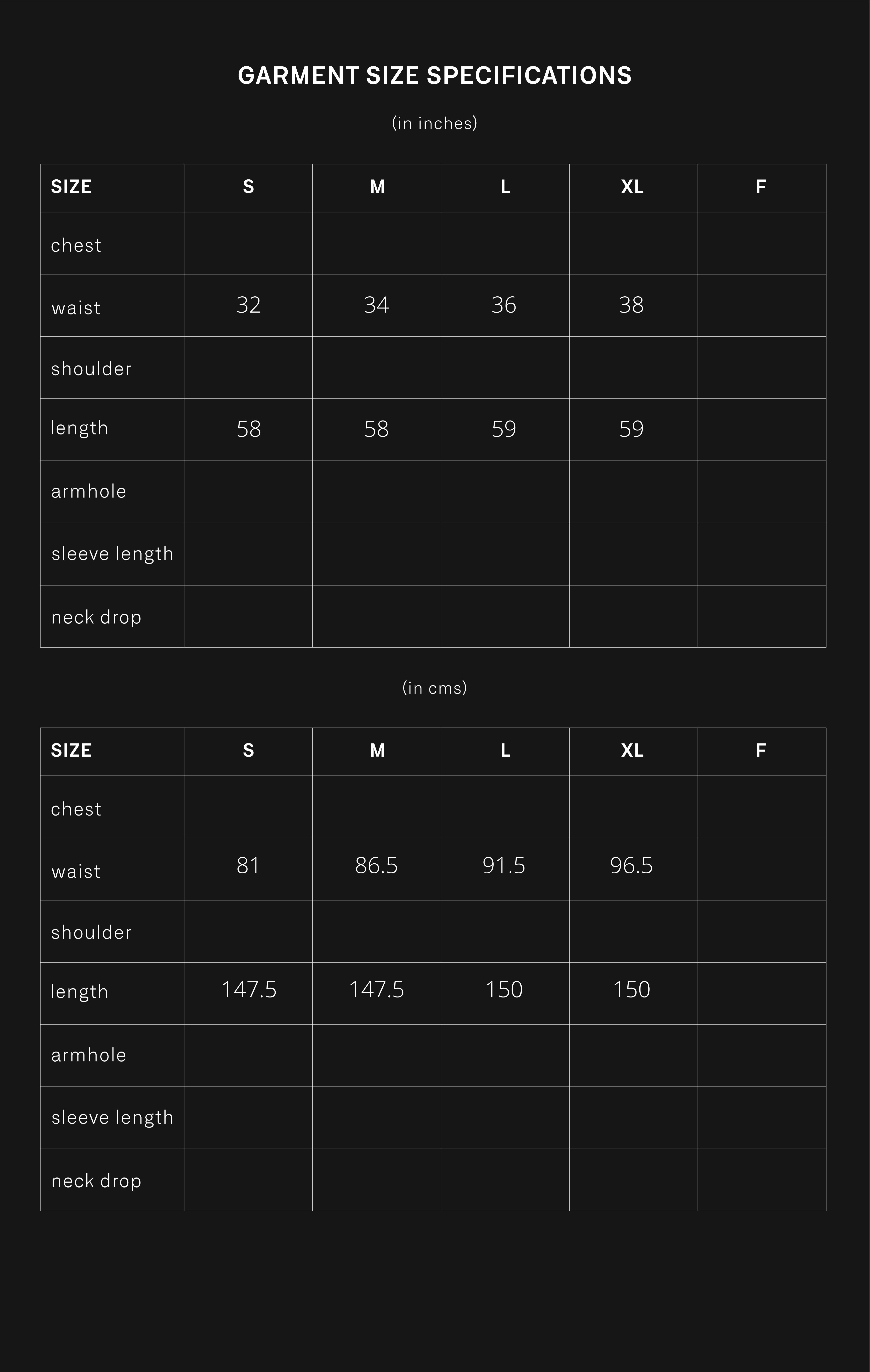 product size chart