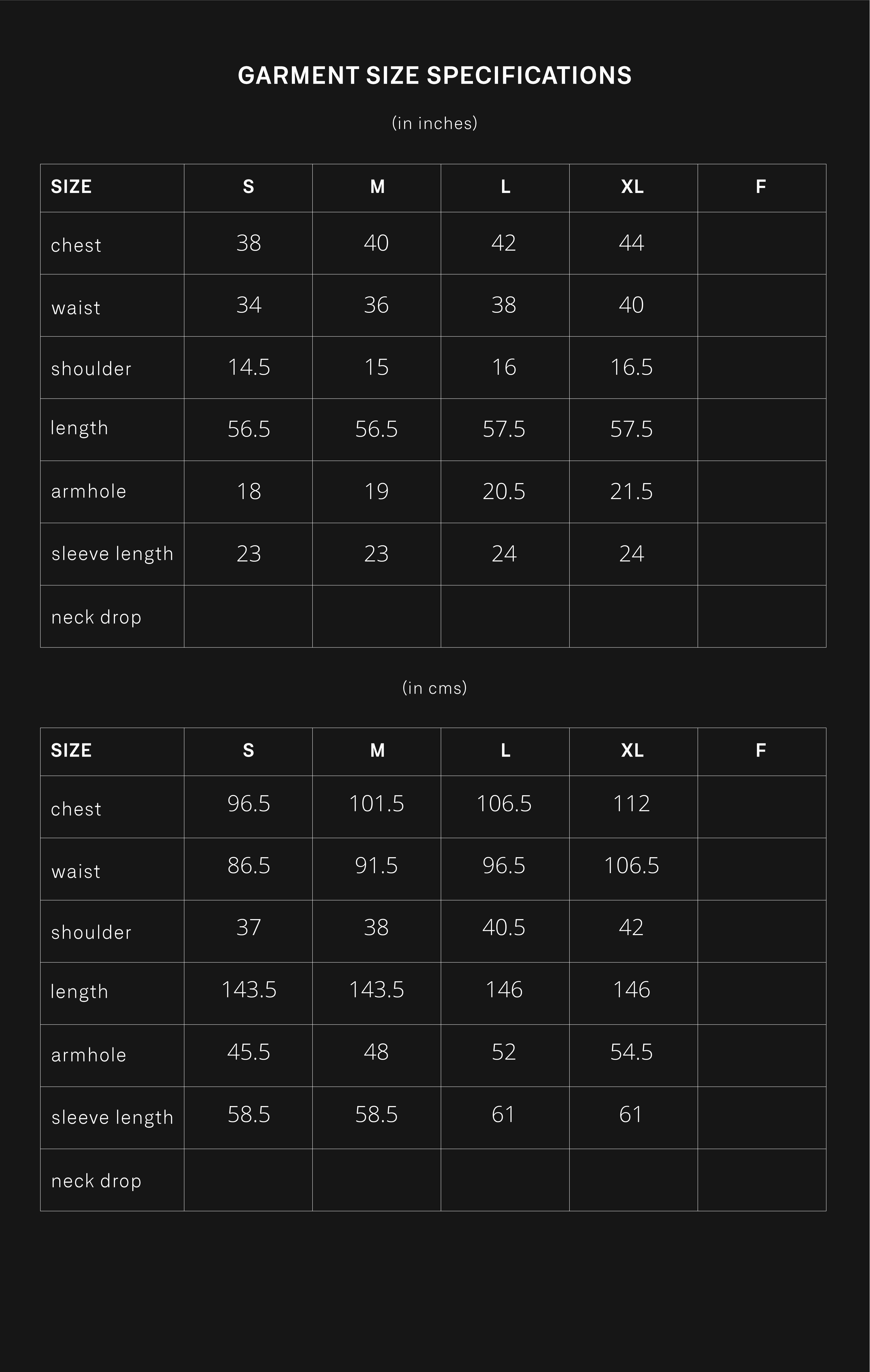 product size chart