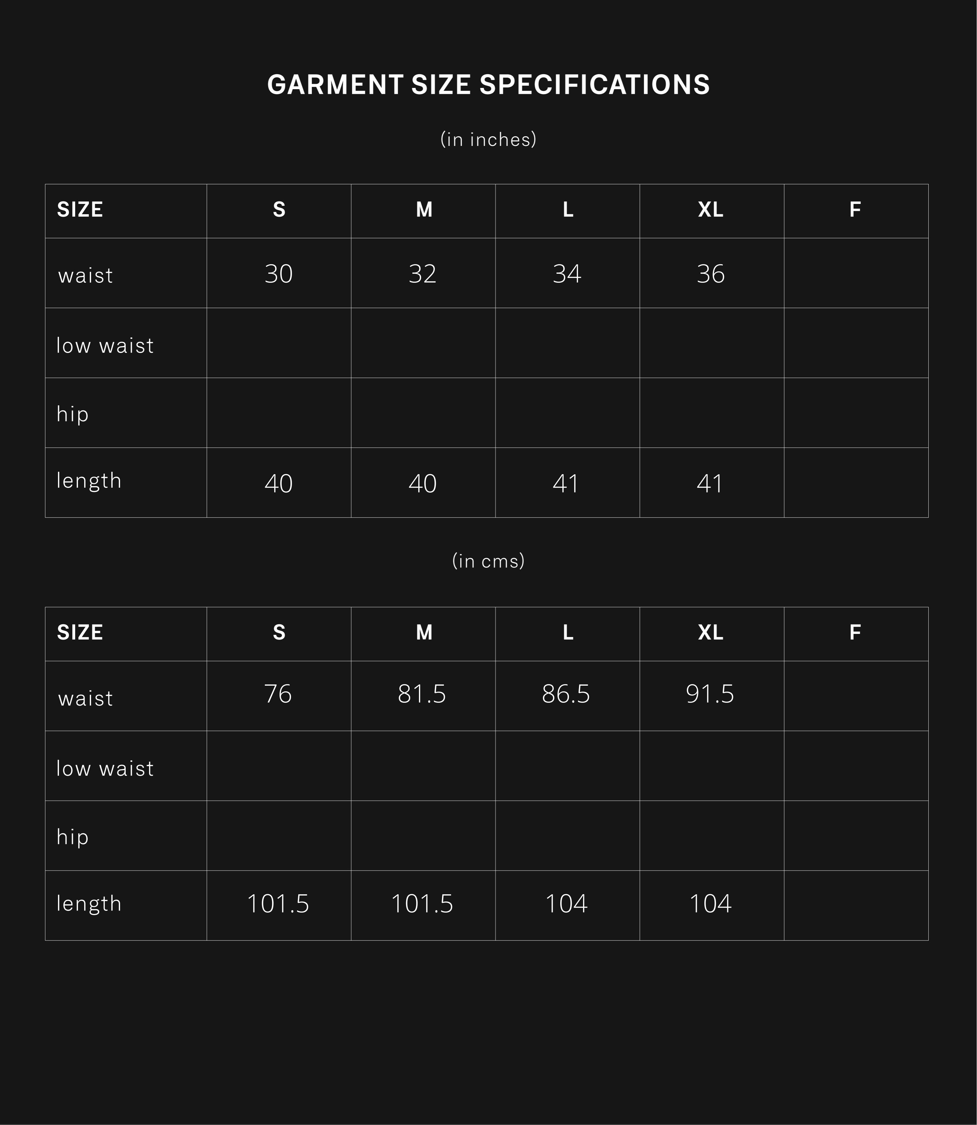 product size chart