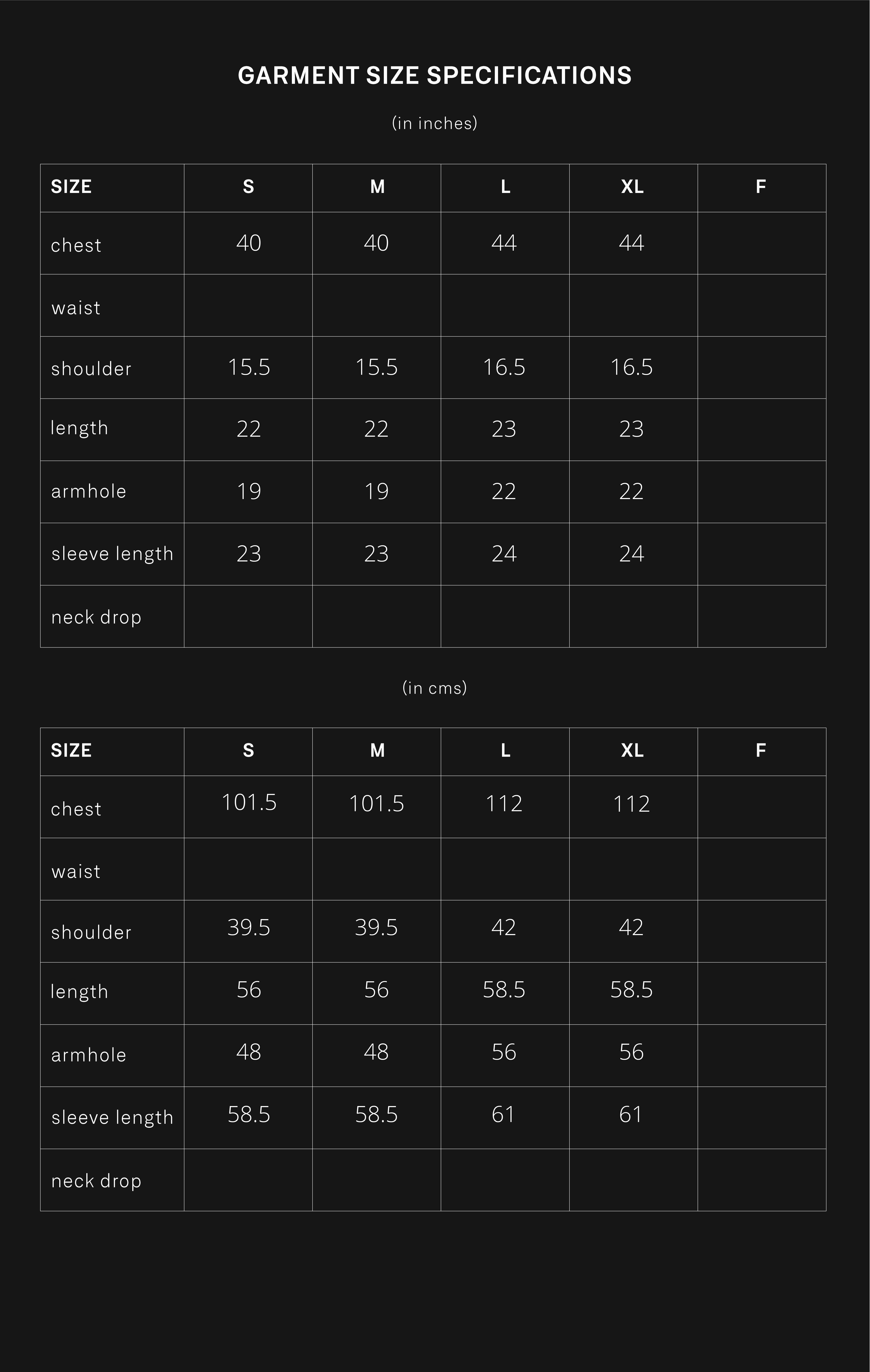 product size chart