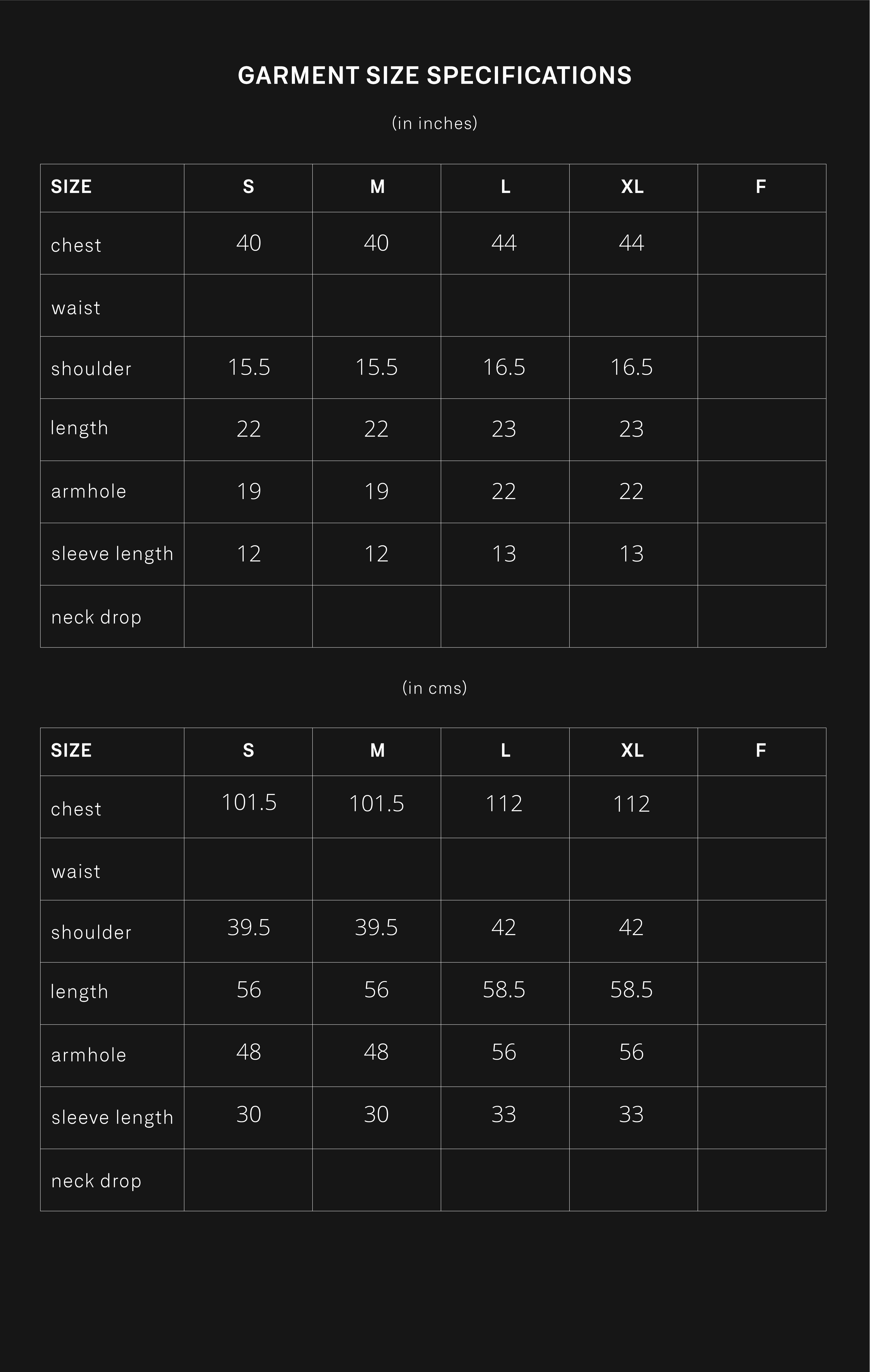 product size chart