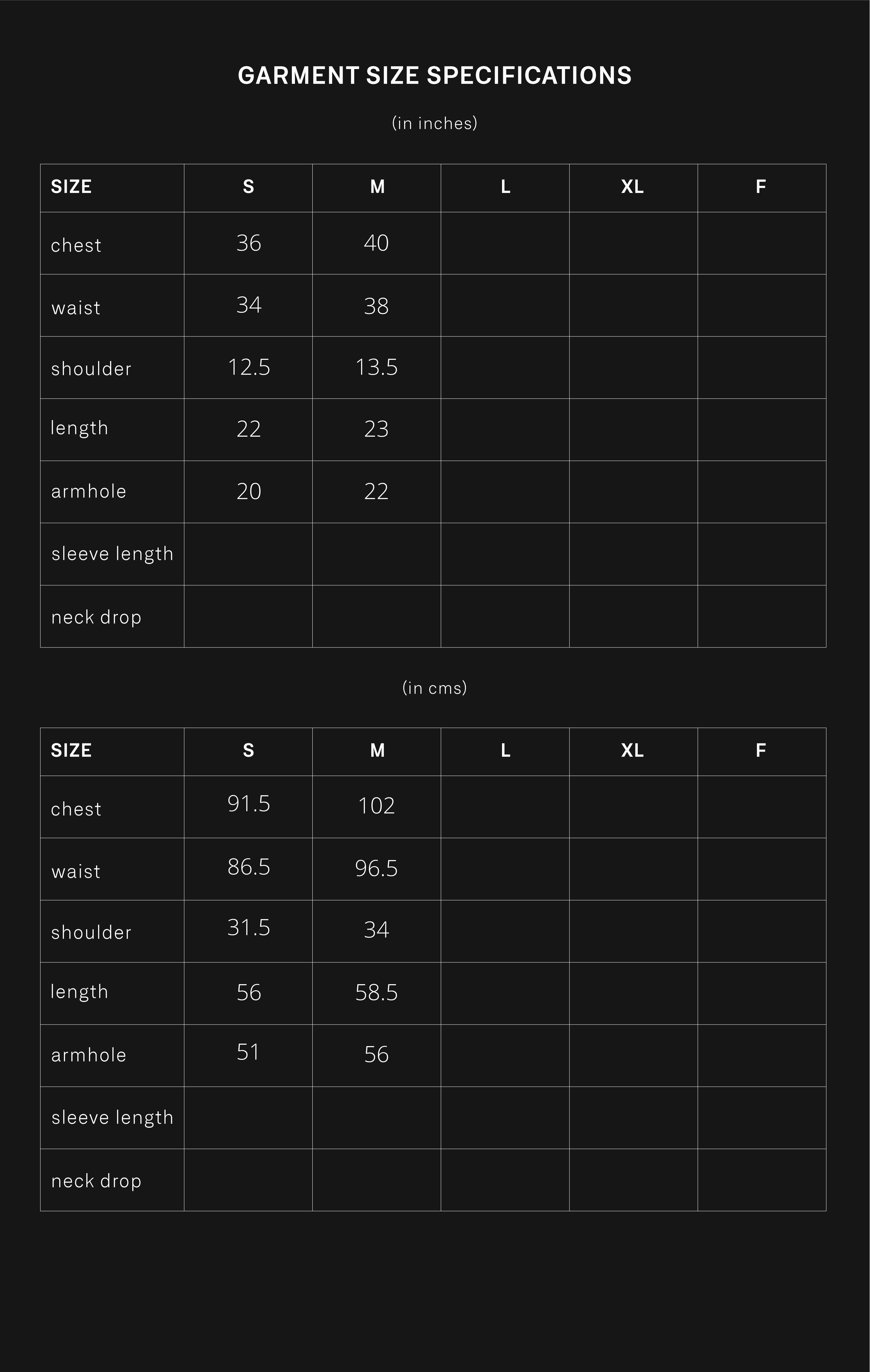 product size chart