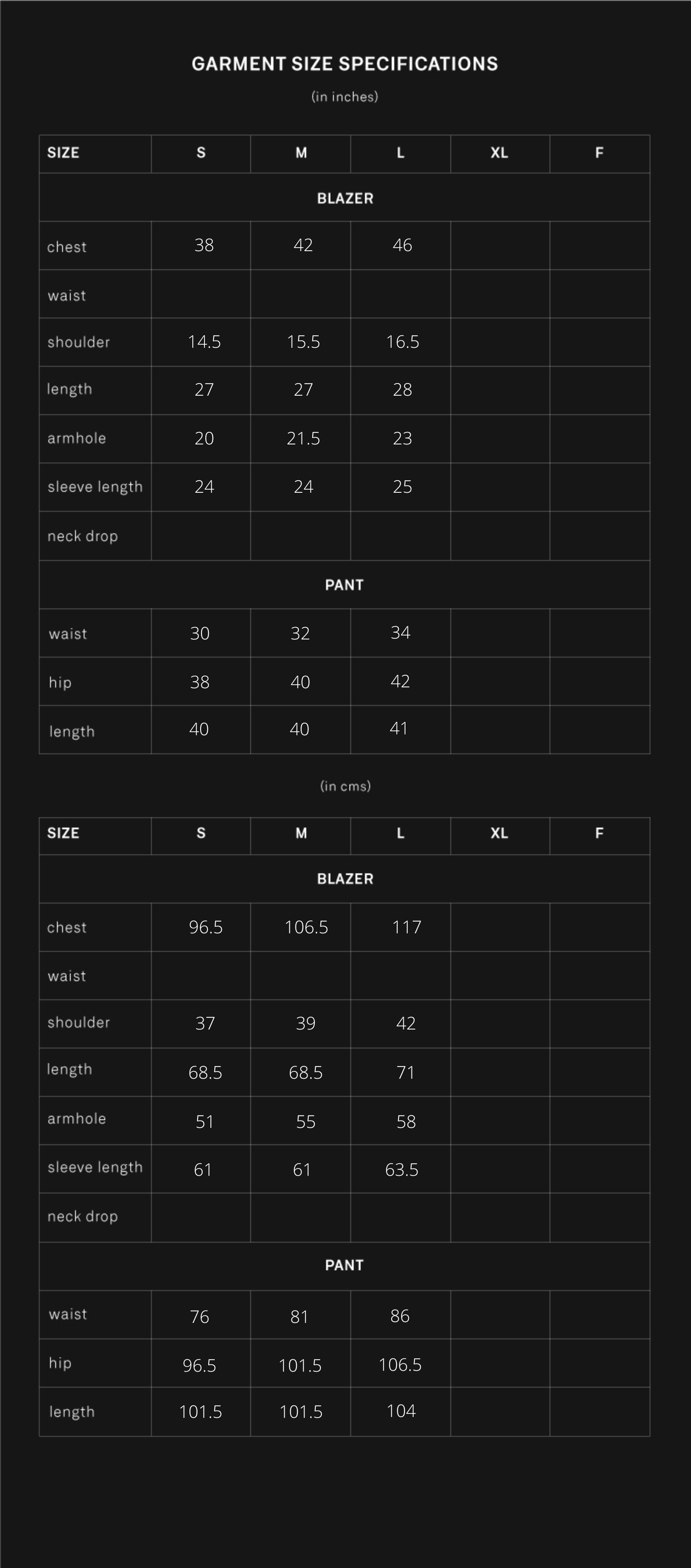 product size chart