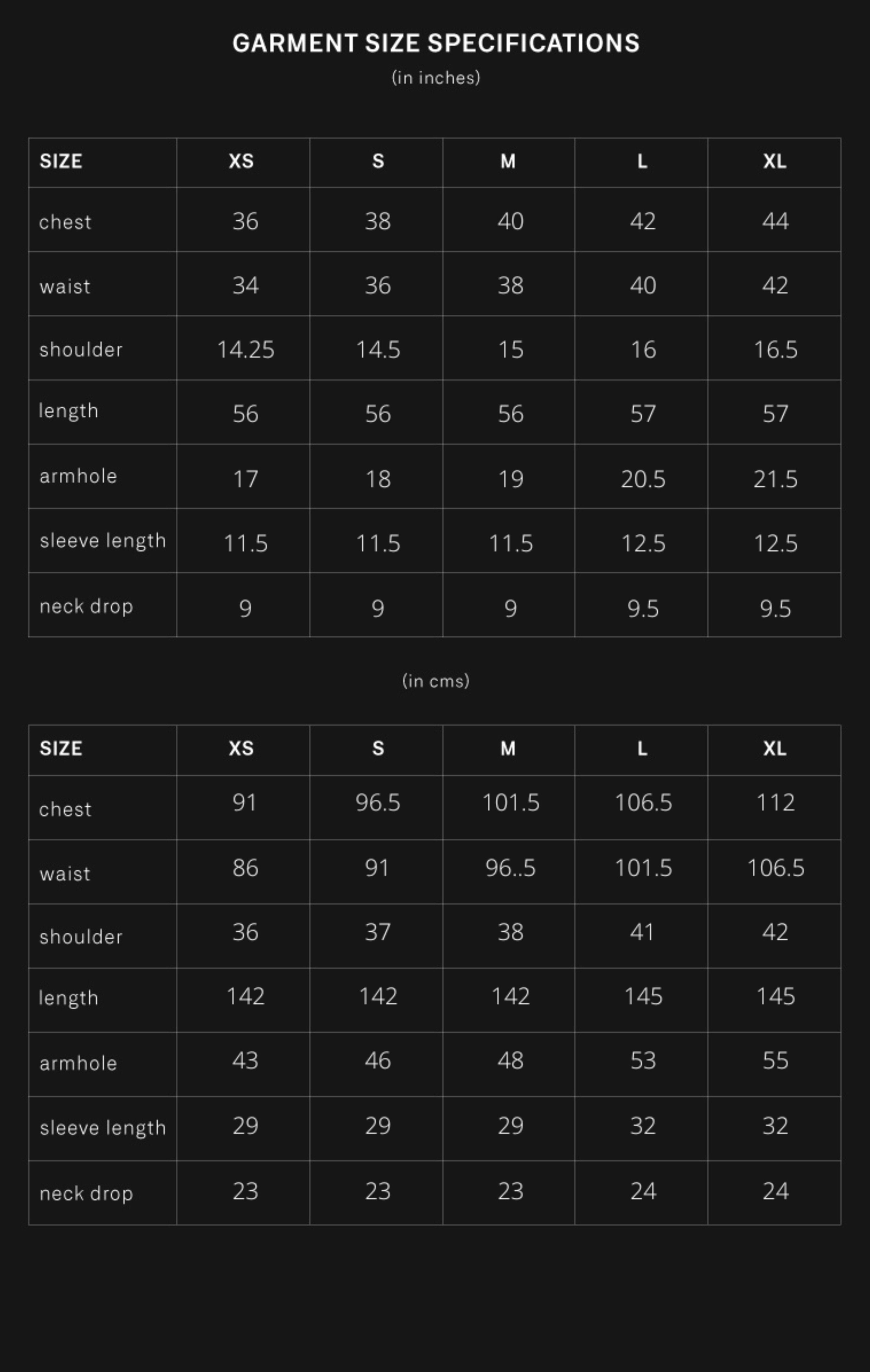 product size chart