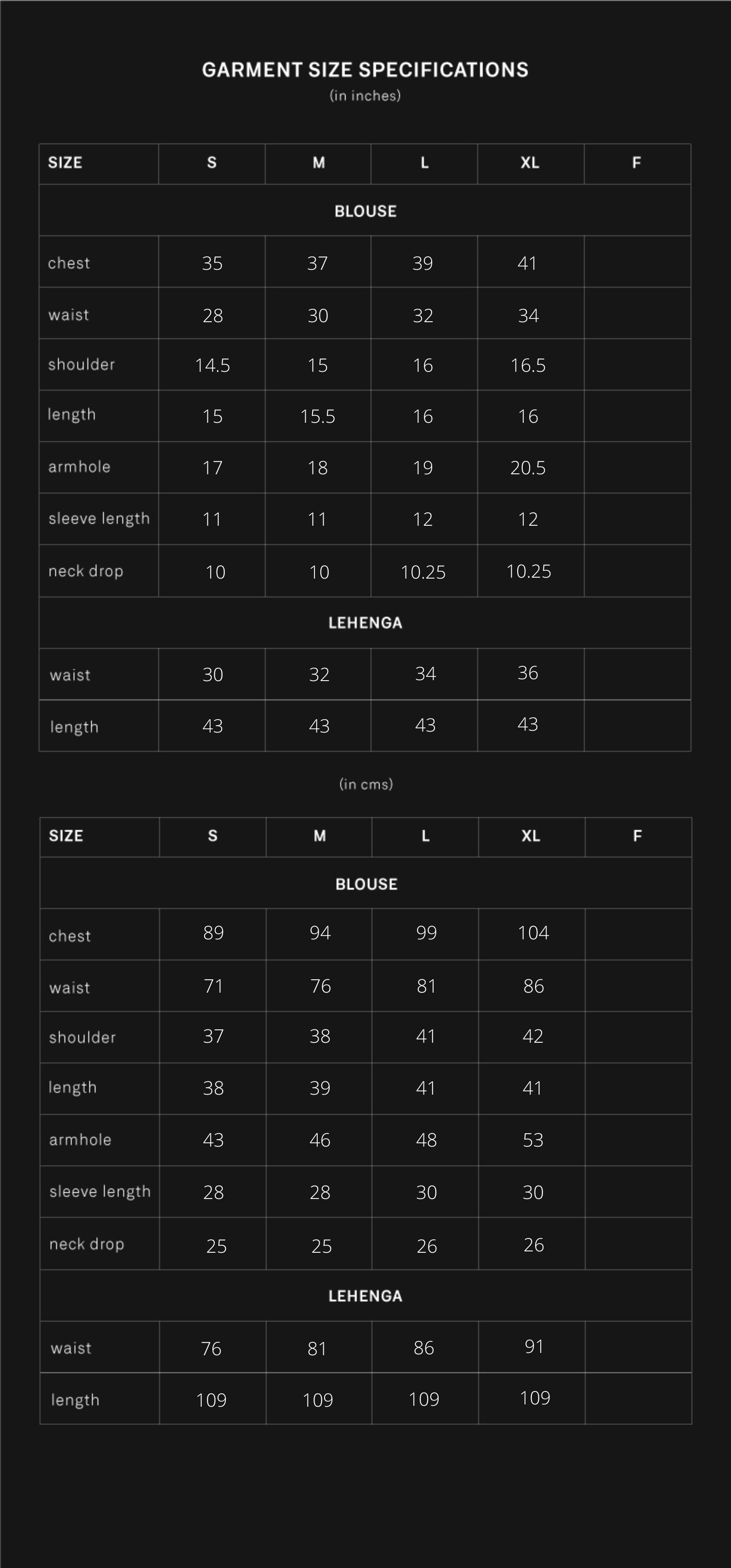 product size chart