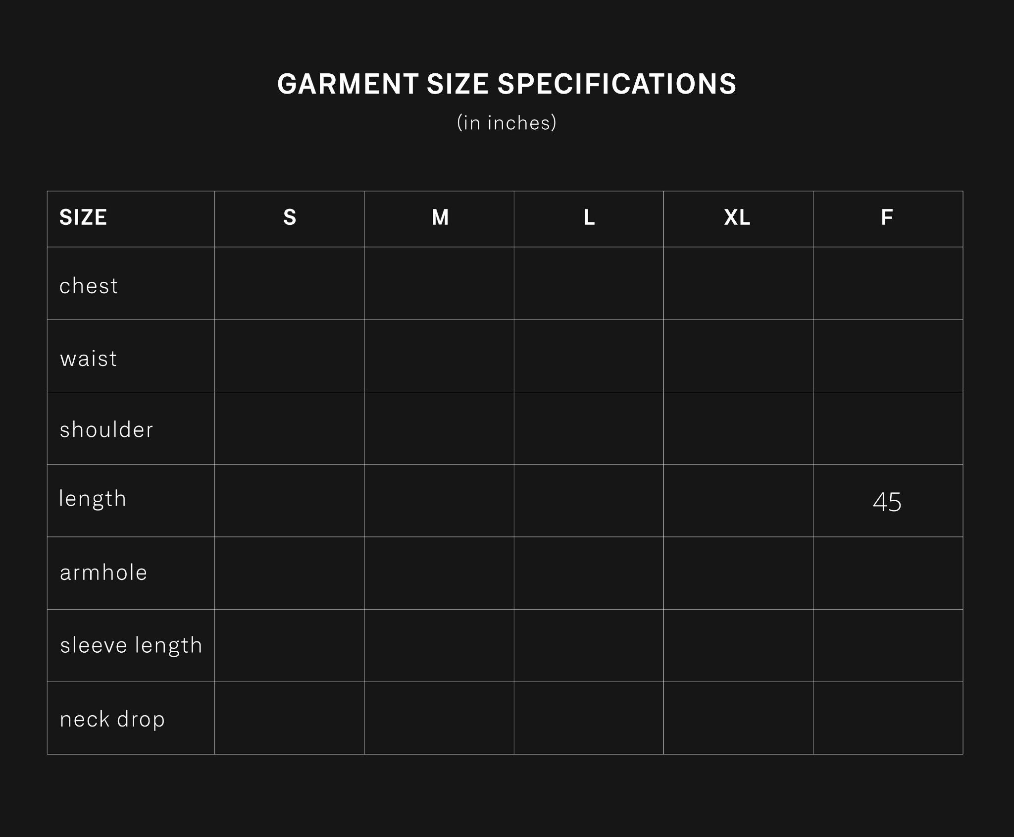 product size chart