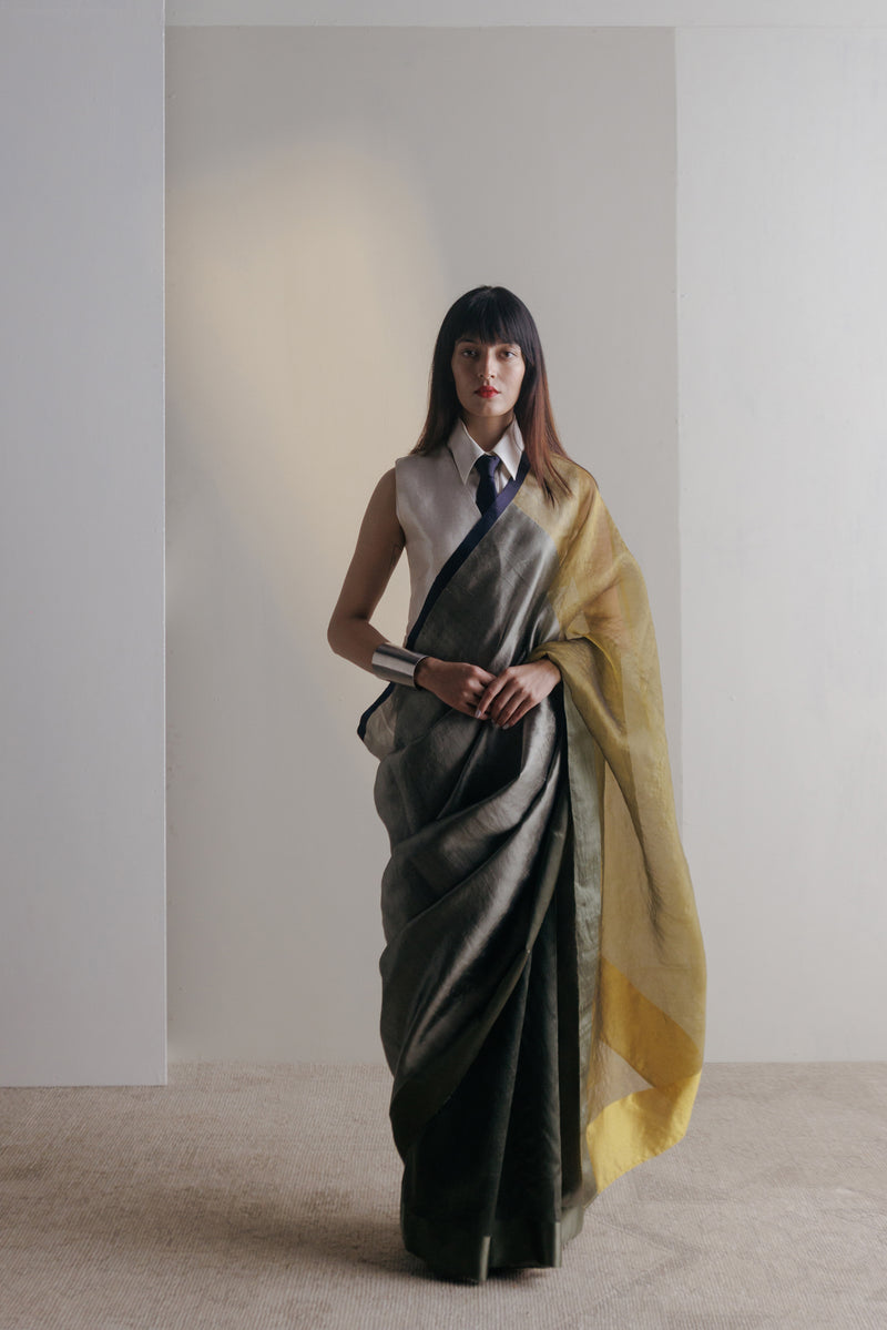 Handwoven Silk Sari - Grey + Olive + Champagne