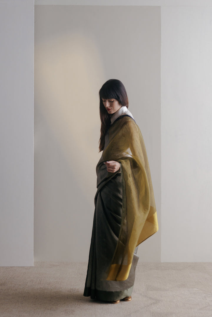 Handwoven Silk Sari - Grey + Olive + Champagne