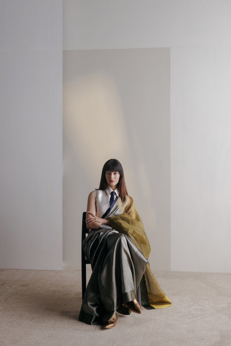Handwoven Silk Sari - Grey + Olive + Champagne