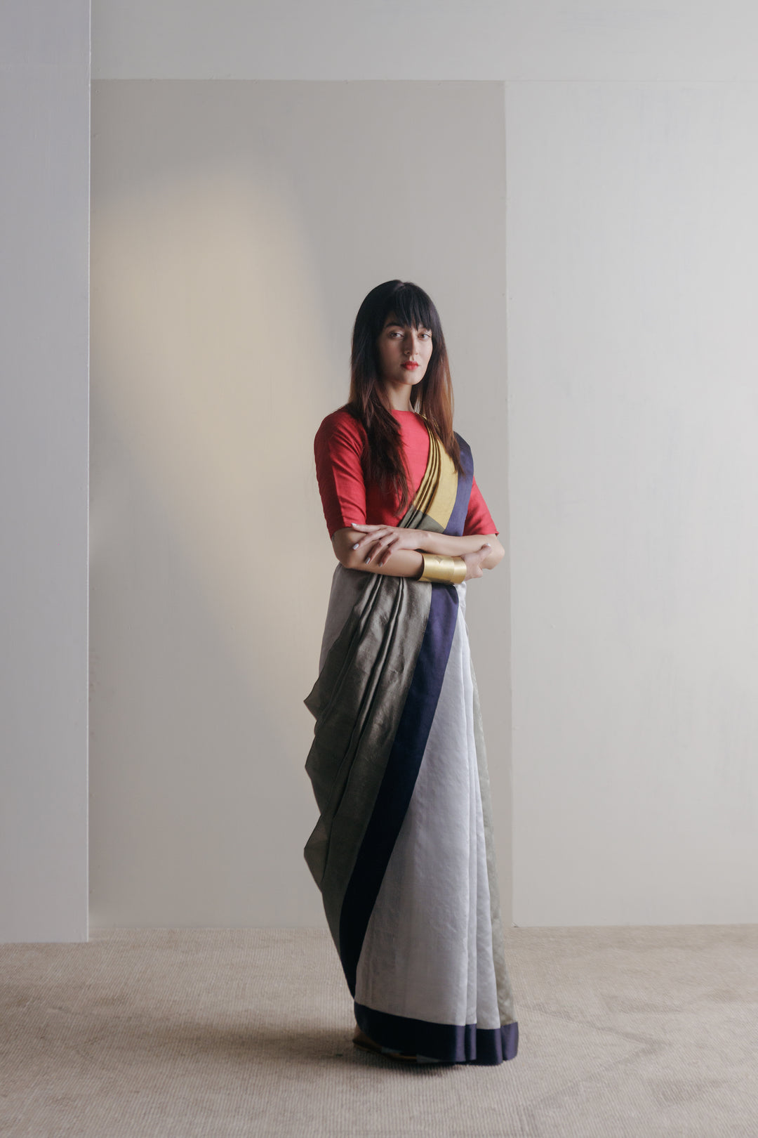 Handwoven Silk Sari - Ivory + Grey