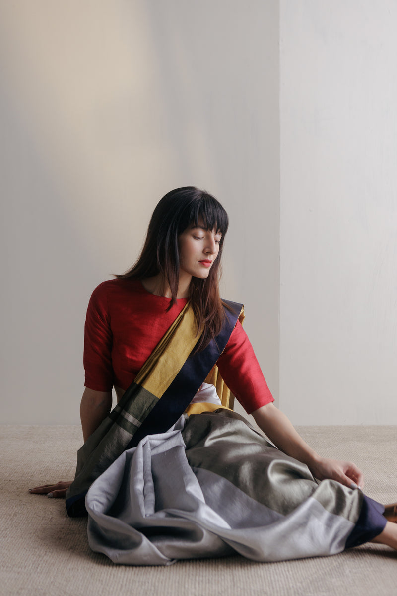 Handwoven Silk Sari - Ivory + Grey