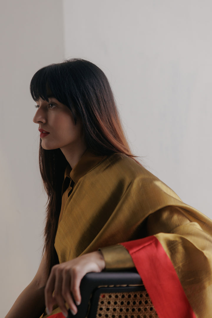 Handwoven Silk Sari - Olive + Champagne